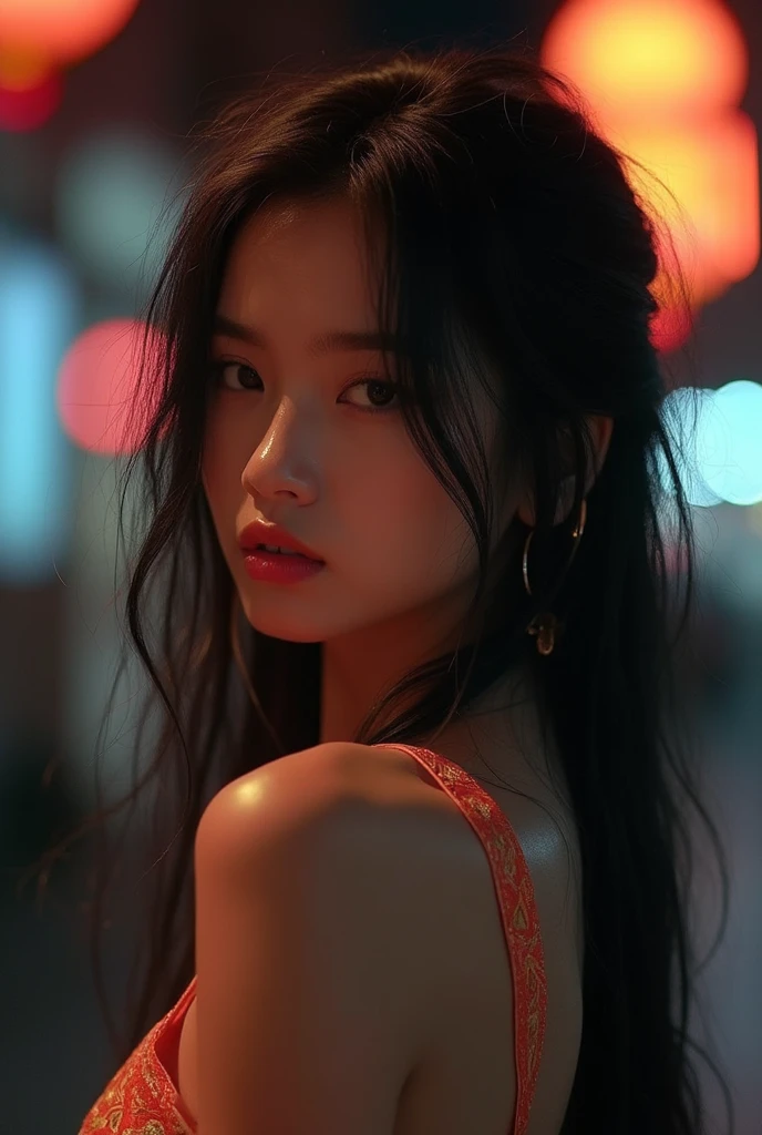  Cinematic photography , Thai girl ,  She has messy black hair , She was wearing a Thai dress., Set in Yaowaraj at night, Bright light