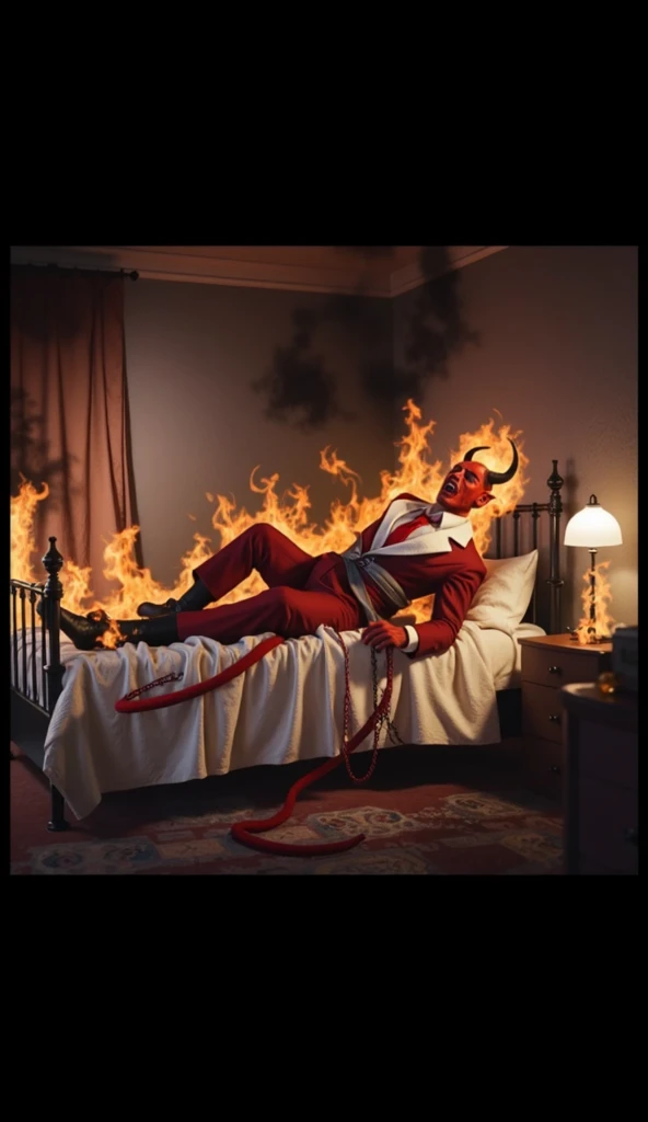 man trying to poke her with a demon at a bed side smoking and drinking,something evil there is smoke in the environment, quality black and white comic style the stage is dark and is in the background are shadow men, gl9wing red contrasting eyes
