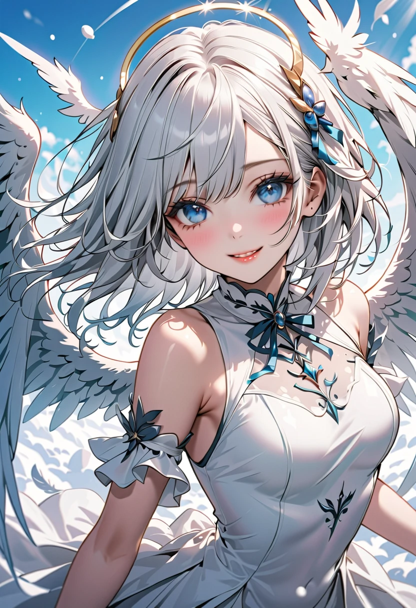 (white theme art),(top-quality),(masterpiece),(1 angel girl),(beautiful seraphim),(solo),Delicately drawn face,girl with a pretty face,beautiful detailed transparent blue eyes,(beautiful detailed angel wings),flapping,fluttering feathers,beautiful detailed white ****ta fashions,((white costume)),(Beautiful silky white hair:1.3),blue ribbon,snow white skin,a beautiful artistic illustration,white theme,beautiful smile,(frontal face:1.3),(head shot, shoot from above,overhead shot),vivid color,lens flare,(floating in the blue sky)