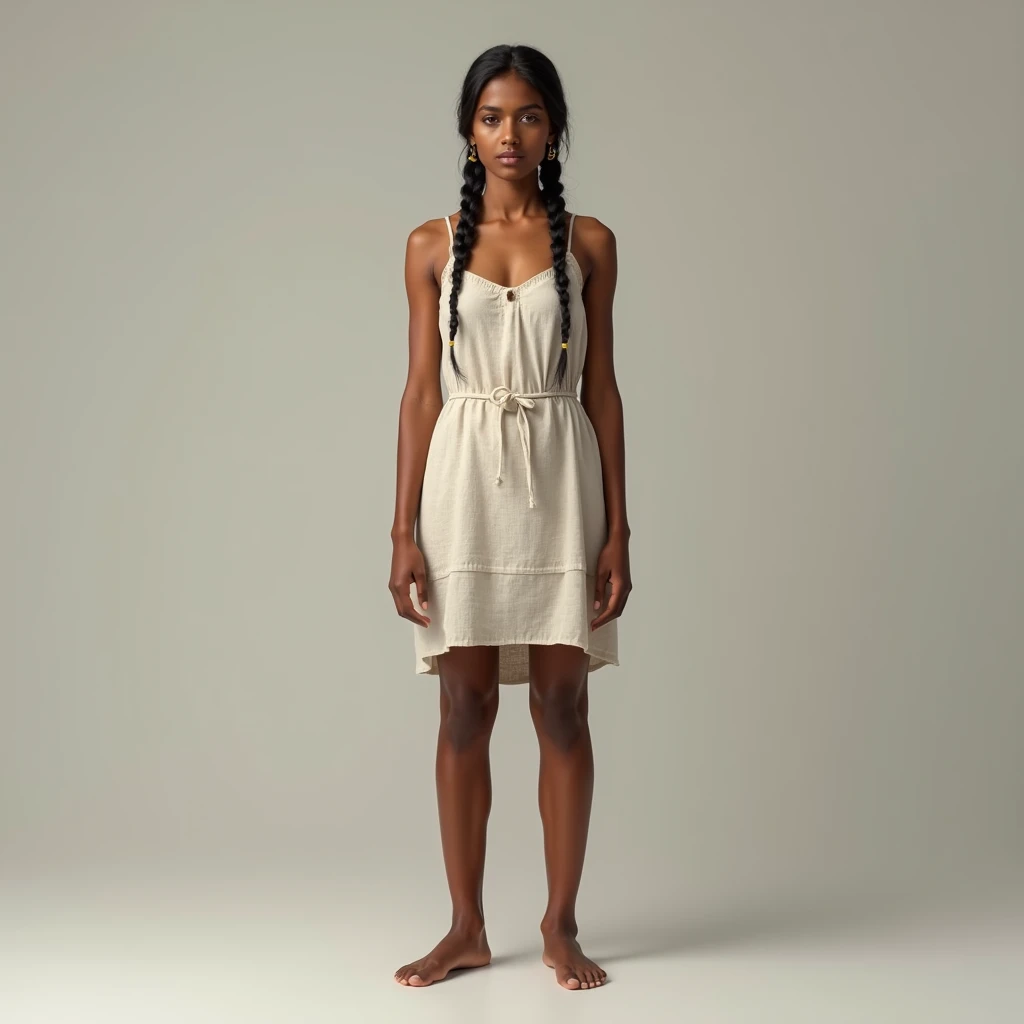 A short woman, of cocoa chocolate colored skin, neck with some traces of burns, but already burned by the sun, small, somewhat straight face with a somewhat pointed, round chin, small nose, half thin and half upturned, white dress with fringe on the belly, and thin strap, white dress with small flowers and dark blue tones, wearing a light brown shoe, with rope embroidered sole, and golden buckle.
