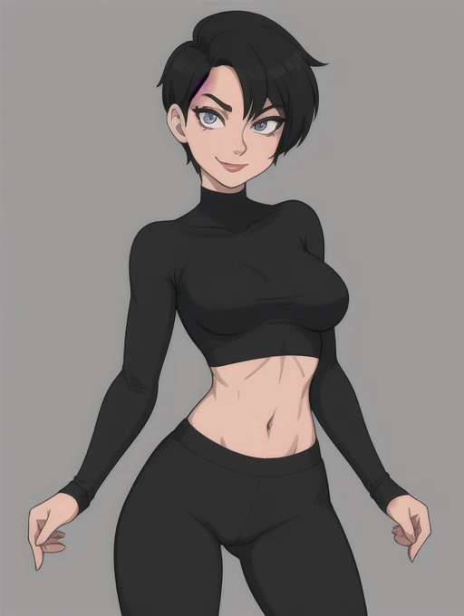 Lois Lane, 1girl, very short black hair, toon (style), small breasts, solo, perfect female anatomy, makeup, flat color, lipstick , black yoga pants, grey eyes, black tight long sleeve croptop, looking at viewer, light smirk,