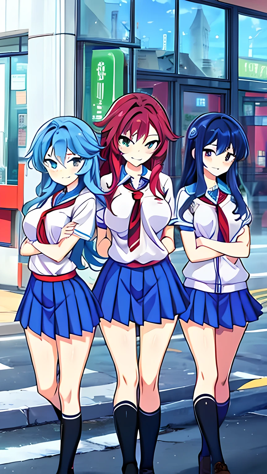 Three,High school girls, red, purple, gree and blue hair, wearing gray school uniforms, smirking and crossing their arms