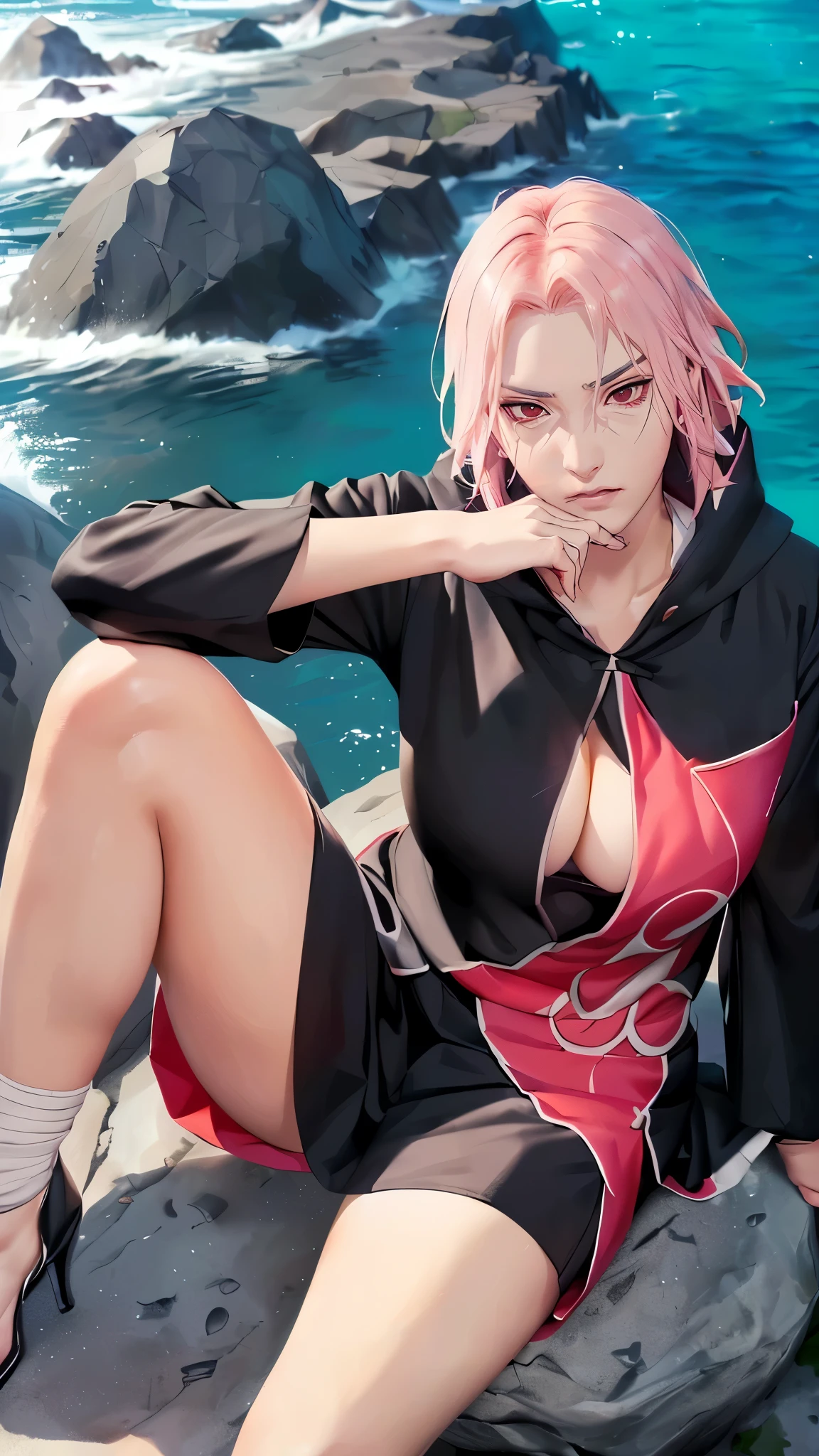 (((figure,御姐figure,White and tender skin,(((akatsuki outfit,coat, cloak, black coat, black cloak, ( Xiao uniform :1.5),))),(((Sasuke Boruto,sakura warshippuden, red eyes, bangs,Pink short hair))),,((masterpiece)), highres icon,((Best quality at best)),masterpiece,quality,Best quality,((( to the audience,Light in the eyes,sneer))), huge chest,Backlight,The light is very dim,look up,From above,crow,Red Moon,The background of depression and horror)))