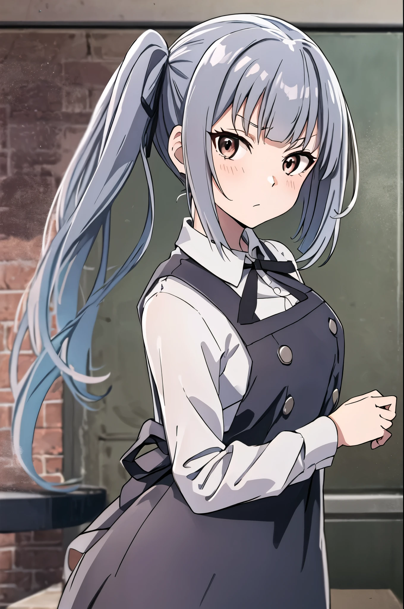 Best Quality, masterpiece,  Hi-Res, One person, {Kasumi_Fleet Collection:1.15}, gray_hair, length_hair, ~ side_ ponytails, ribbon, brown_eye, hair_ribbon, black_ribbon, 1女of子,  dress,  looking for _in_ viewer , outside_of_inflammation, apron_ dress, shirt, One person_ outlet, length_sleeve , open_moutsideh, School_uniform