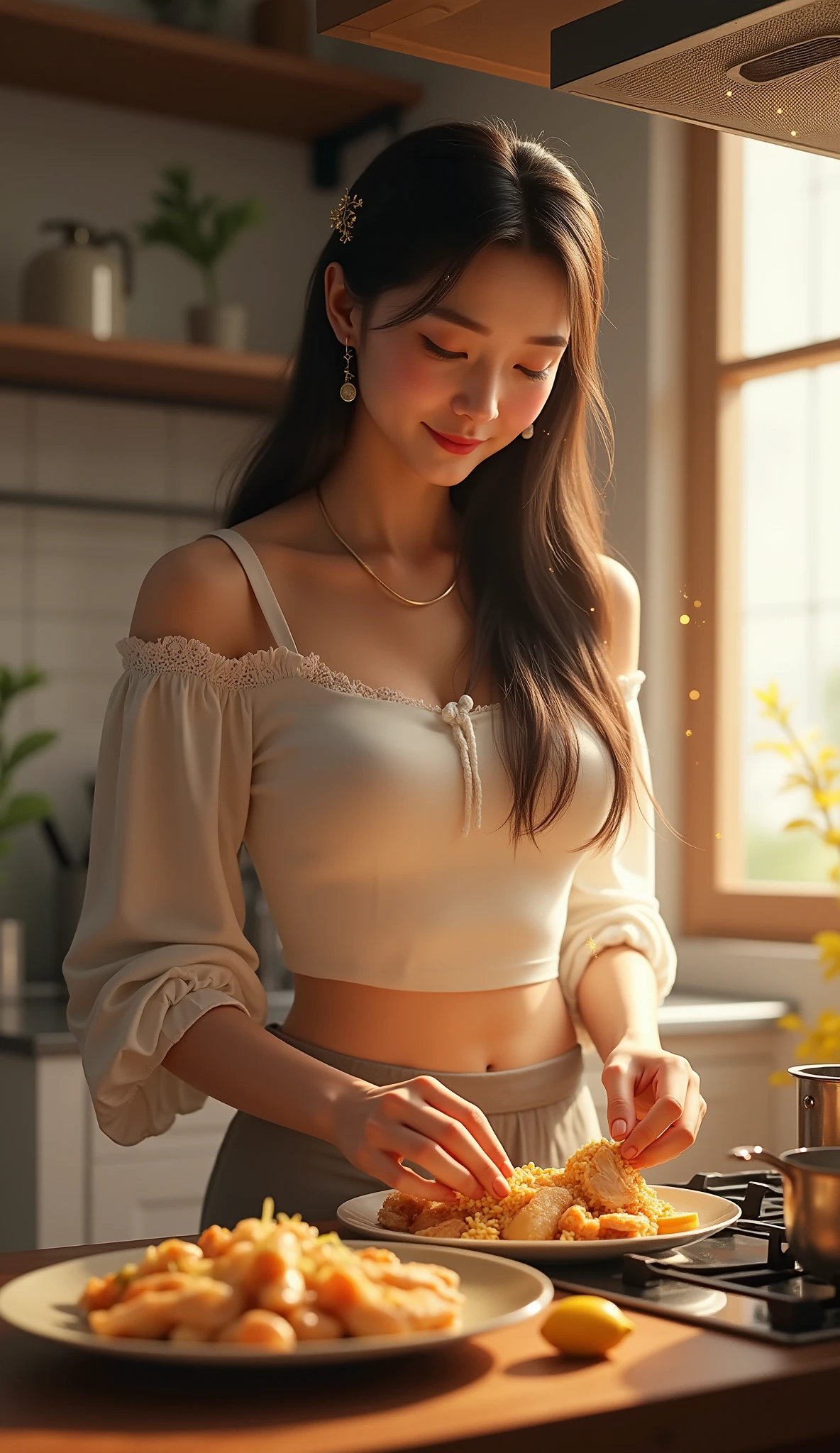 A young Japanese idol-style woman with a small, round face and youthful features. She has natural makeup with a hint of blush and glossy pink lipstick, wearing a warm and friendly expression. Her hair is black, semi-long straight, and styled with soft curls. She has a short and voluptuous build with fair skin, a slim stomach, and a curvaceous figure. She is wearing a stylish casual outfit: a fitted pastel pink blouse with a sweetheart neckline, a high-waisted denim skirt, and white sneakers. She is standing with one hand on her hip and the other holding a sketchbook and pencil, her eyes looking directly at the viewer with a gentle smile. The background features a cozy art studio with easels, paintings, and natural light streaming in from large windows. The camera angle is from a slightly lower perspective, capturing her full body and the creative, inviting atmosphere. The image should be high quality, realistic, and detailed.