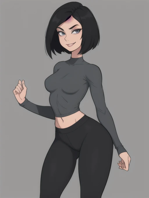 Lois Lane, 1girl, very short black hair, toon (style), small breasts, solo, perfect female anatomy, makeup, flat color, lipstick , black yoga pants, grey eyes, black tight long sleeve croptop, looking at viewer, light smirk,