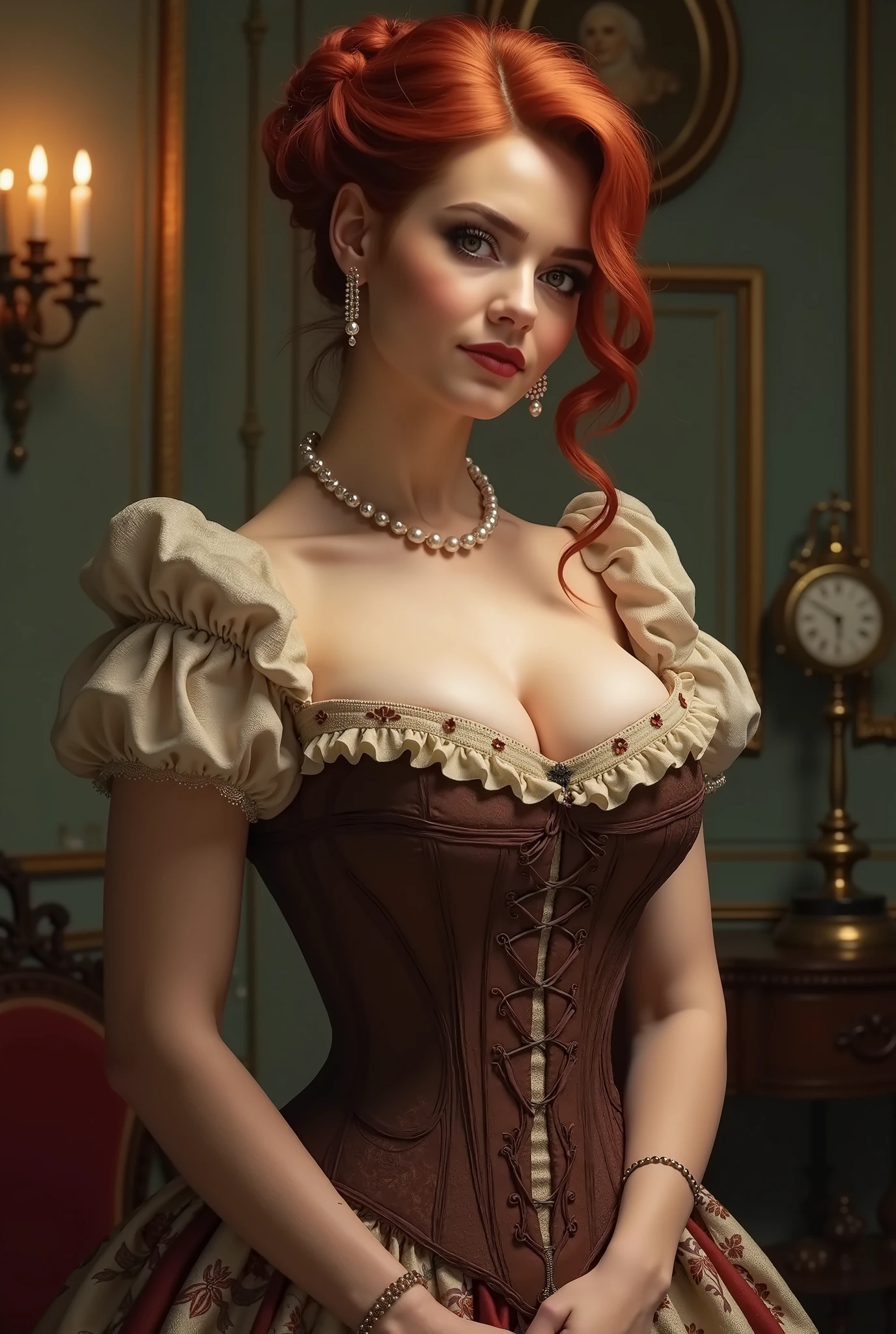 (Head'piece of art:1.3),(very detailed:1.3),(A high resolution:1.1),Best quality ,Ultra detail , Renaissance, 1 girl, only, Russian girl, front, se maquiller, blush, interior, ((luxury old house)), (((old red dress with a pattern, a corset))), window, look far ahead, Brown eyes, blond hair, Ponytail, beautiful girl, Curved body