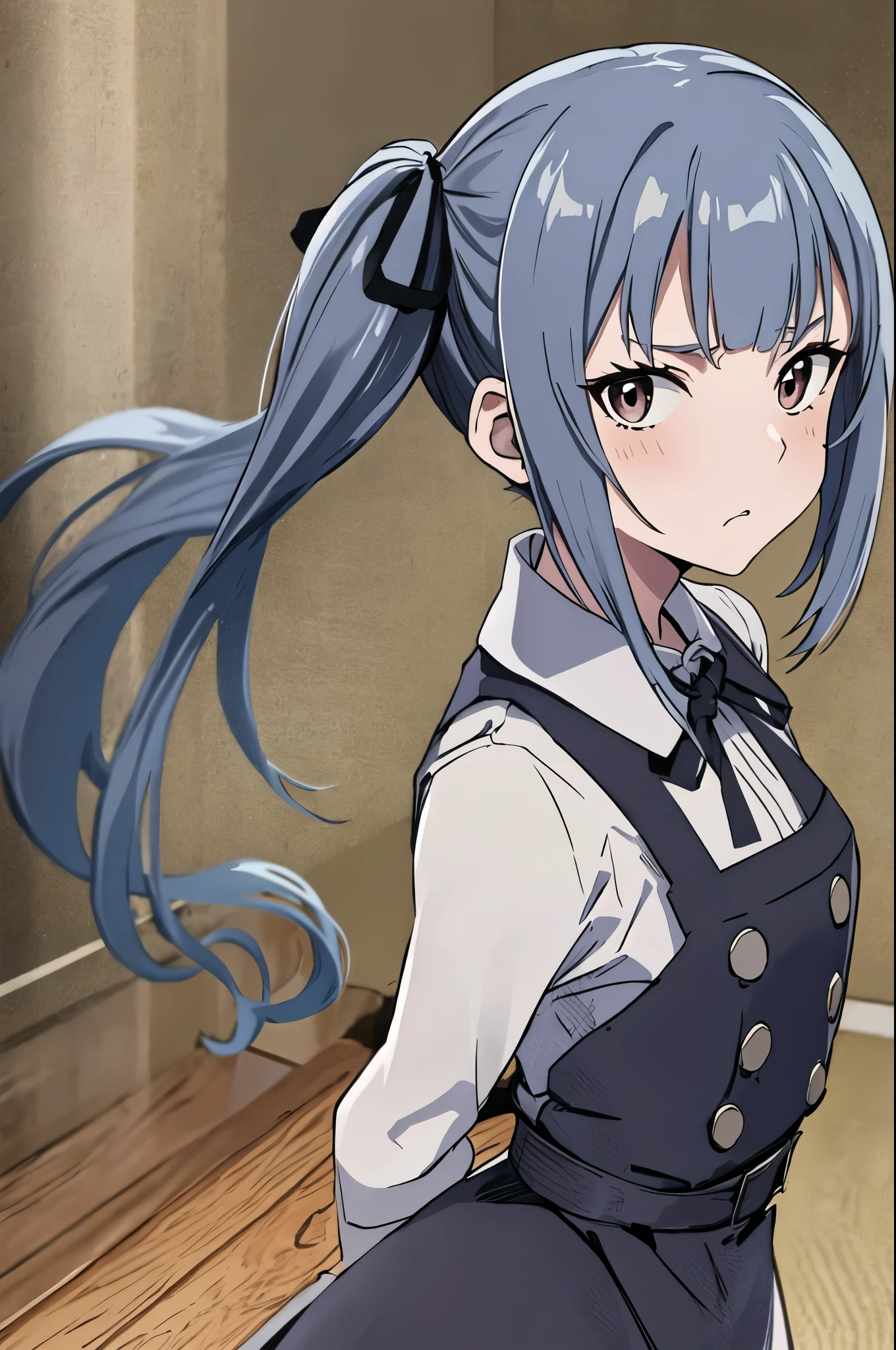 Best Quality, masterpiece,  Hi-Res, One person, {Kasumi_Fleet Collection:1.15}, gray_hair, length_hair, ~ side_ ponytails, ribbon, brown_eye, hair_ribbon, black_ribbon, 1女of子,  dress,  looking for _in_ viewer , outside_of_inflammation, apron_ dress, shirt, One person_ outlet, length_sleeve , open_moutsideh, School_uniform