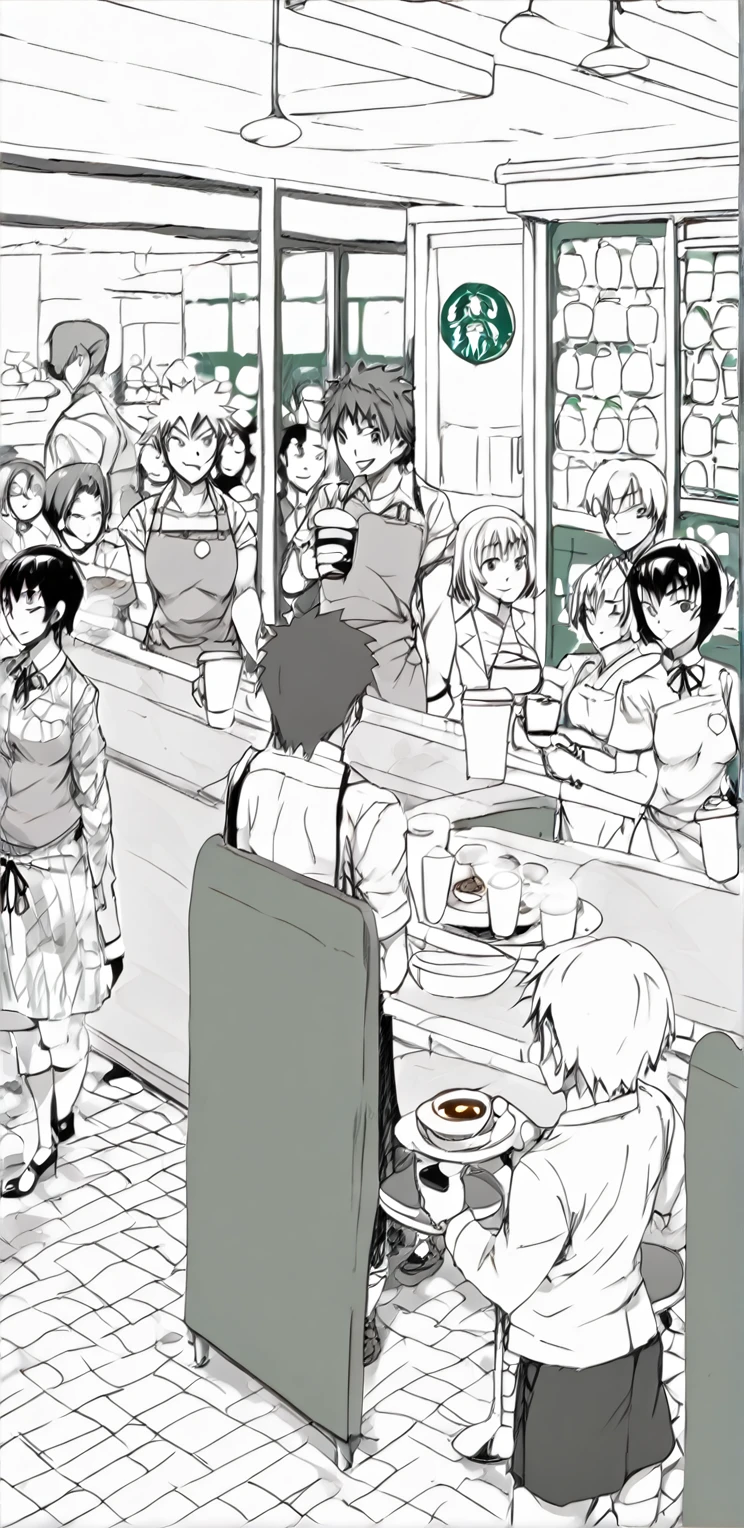 A meeting at a coffee shop, ((((    short hair is black ))) , king, participating  . , With several several several people,