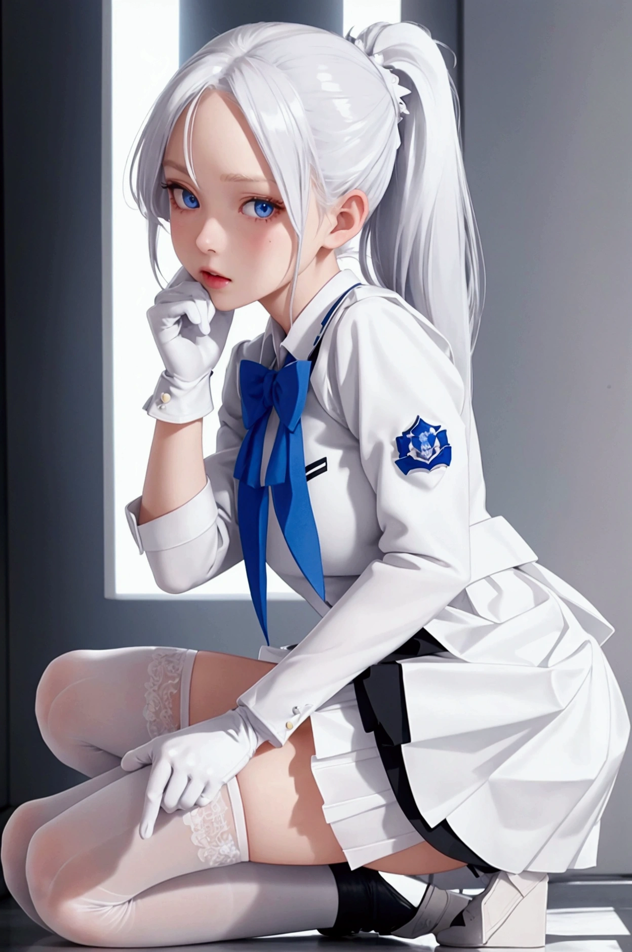 Superb Quality, Masterpiece, High Resolution, Best Quality, UHD, Super Detail, Award-Limited, 16k, (upper body), A beautiful girl, Gray hair, hair, ((heterochromia)), Hanging eye corners, Fair skin, (Small breasts), (Slim body), (Japanese student uniform containing full-chested suit jacket and short skirt)), (Neck ring), (Short gloves as short as half a palm)