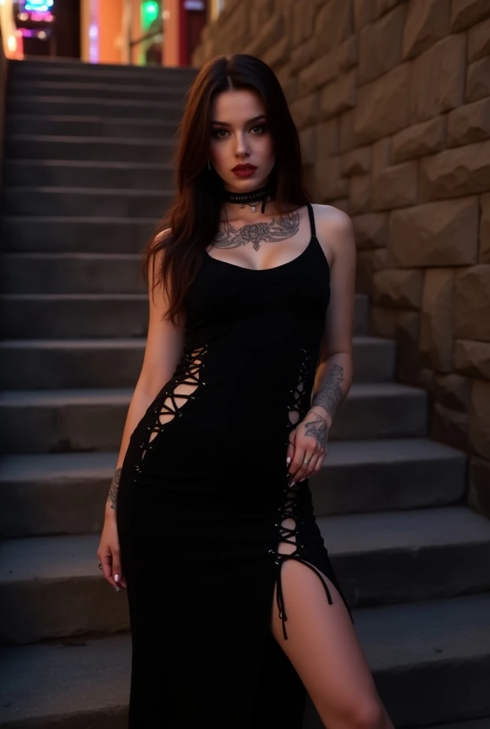 Brown skin woman in bikini, brown skin at the beach, model posing,Brightly colored tattoos on arms and legs,(tattoo all:1.5),arafed woman in a black dress and hat leaning against a pink wall, wearing black dress and hat, wearing black old dress and hat, wearing black boots, outfit photo, wearing a camisole and boots, street outfit, full body picture, by Wayne England, wearing boots, black outfit, full body cute young lady, by Bernie D’Andrea,