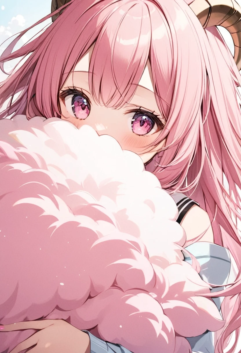 1girl,  pink fluffy hair, long hair, Ram&#39;s horn:1.3, Thick eyebrows:1.1,  pink dress,  sky blue cardigan ,  brown boots , smile, Hair and clothes blowing in the wind , grassland, Beautiful expression of light,  Movie Lighting,  several people having fun with each other while having very detailed , 8k, concept art style, ((UHD, high details, best quality,  highres icon, 16k))