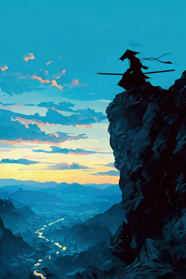 Ronin, silhouette of a samurai on top of a winding mountain, night environment blue tones. vector style