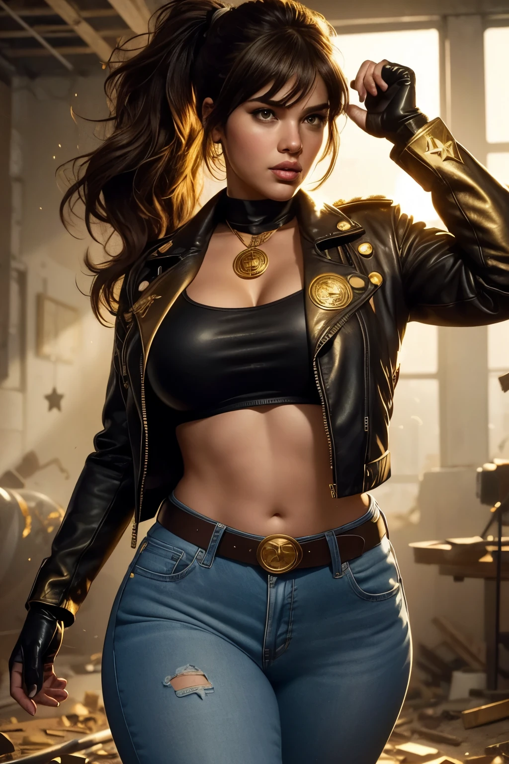 absurd quality. natural lighting . hyperrealism. fantastic illustration in comic book style . A plus-size girl , brown hair with bangs and ponytail, series, wearing a black leather jacket with gold stars on her shoulders, white blouse and jeans, leather belt and gloves . She wears a gold medallion with the zodiac signs . Huge natural breasts, big ass, big belly, superhero style , superpowers, golden glow around her body . action scene. In an abandoned building with particles and smoke . suja, wounded and with torn clothes . With attitude .
