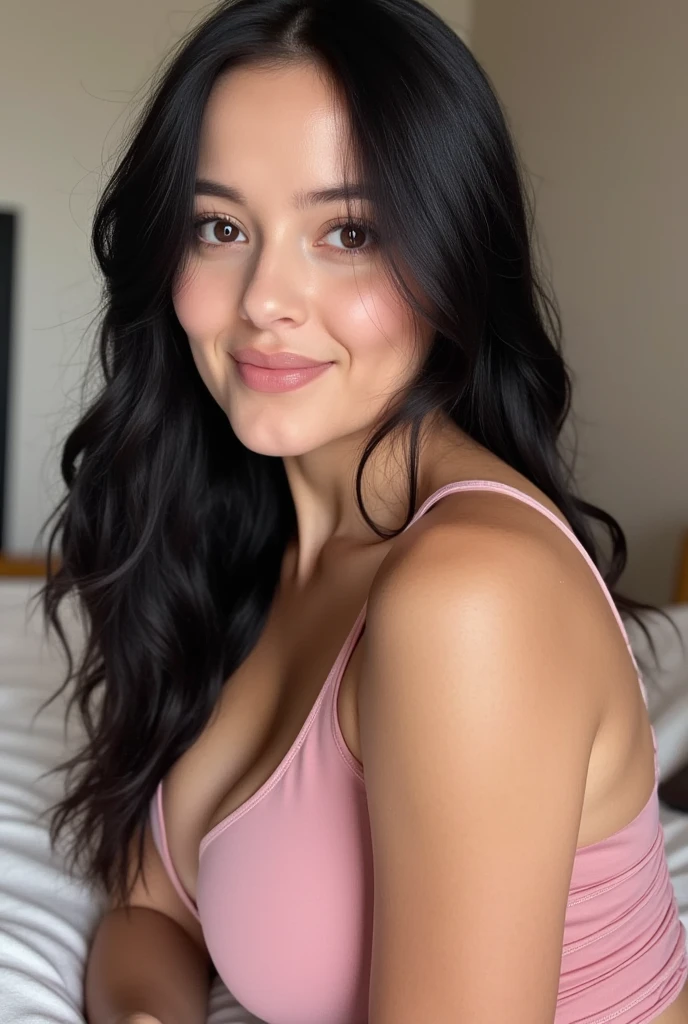 long wavy black hair, light eyes, defined jaw and accentuated chin. feminine and delicate features of a Latina, round face without makeup, big and thick lips, warm slightly tanned skin, Face of a woman, who resembles the Colombian model and influencer Valeria Duque.