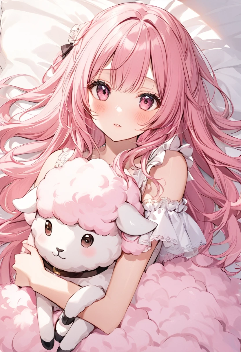 1girl,  pink fluffy hair, long hair like sheep's hair:1.4, Ram&#39;s horn:1.3, Thick eyebrows:1.6, (( pink dress,  sky blue cardigan ,  brown boots )), smile, Hair and clothes blowing in the wind , grassland, Beautiful expression of light,  Movie Lighting,  several people having fun with each other while having very detailed , 8k, concept art style, ((UHD, high details, best quality,  highres icon, 16k))