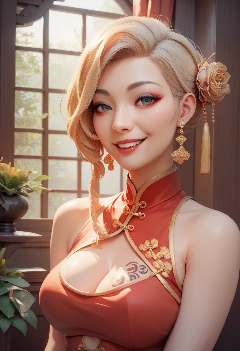 (highest quality: 1.4), High resolution, masterpiece, 4K, Super detailed, very beautiful girl masterpiece, Sexy blonde, Long Hair, ponytail, blue eyes, (Big Eyes:1.2), Expressive eyes, (smile:1.2), Detailed skin, realistic skin texture, texture, Beautiful woman, no_panties, (Large Breasts:1.8),(Small nipples:1.8),(Pussy:1.6), Small Ass, Red costume, A konigsreuter, (Sleeveless High-Slit red cheongsam clothes:1.6)