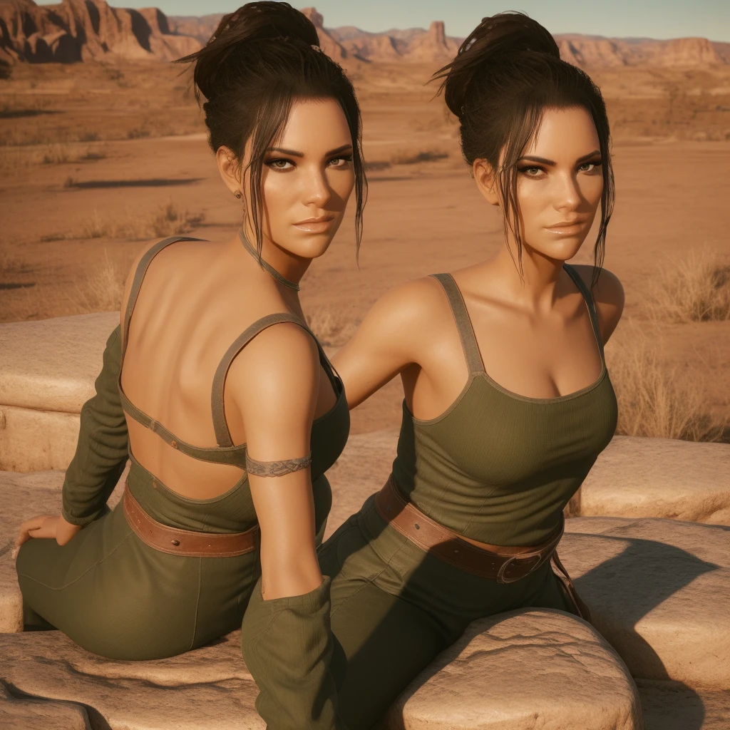 Cowboy shot of panam, score_9, score_8_up, score_7_up, panam, sitting on a rock in the badlands, 1 woman, cute face, medium breasts,
Panam wears a sleeveless dark green top that showcases her arms, blue jeans, solo, having a toned muscular physic, defined jawline and high cheekbones, panam sports long dark hair in a loose ponytail, rugged yet stylish, wide hips, big ass,

ultra realistic, realistic, black nail polish:0.6, wallpaper, intricate, intricately detailed face and eyes, sharp focus, rtx, looking at the camera, masterpiece, ultra detailed, high quality, best quality, 4k, 8k