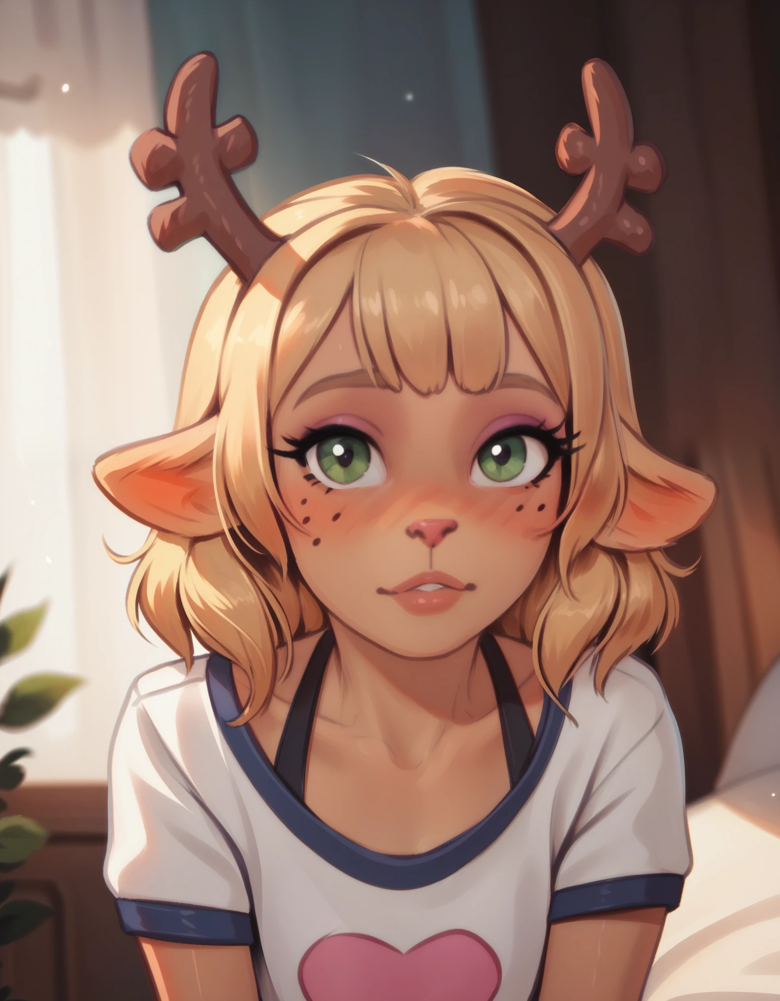 score_9, score_8_up, score_7_up, PersonalAmi Style, Noelle Deltarune, cute, blushing, teenager, looking at you, Antlers, golden hair, sexy.