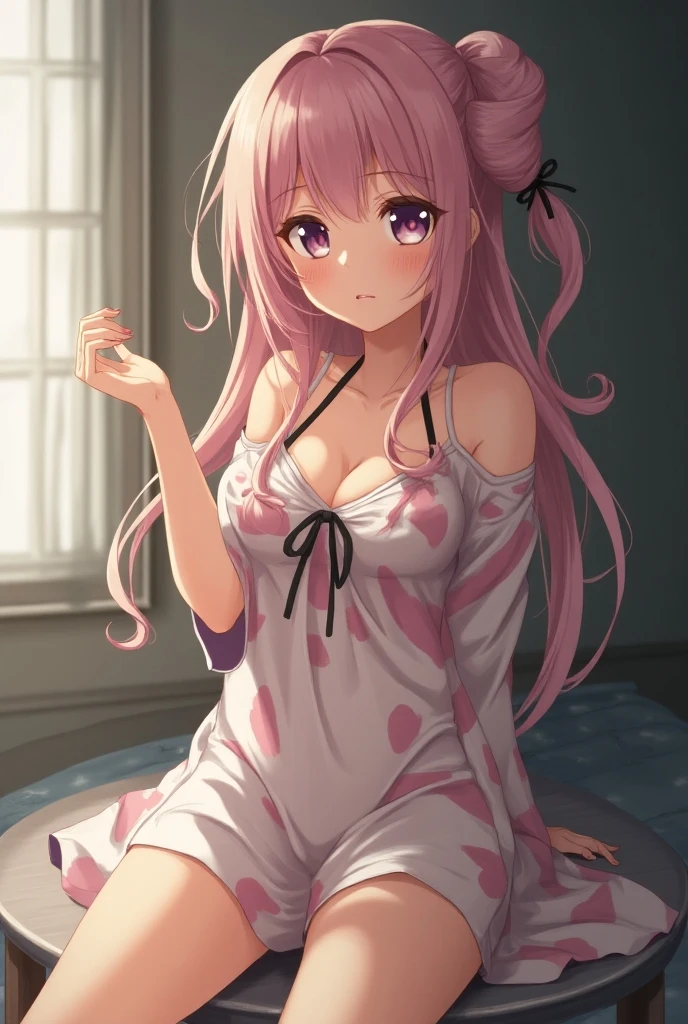 masterpiece, Best quality, Moka Akashiya, (modern breasts, long pink hair, soft green eyes), One, Yokai Academy girl, Happy, Open mouth, upper teeth, Barefoot, From the side, ((((Pink Sukesuke Nightgown)))), (Black Bra,Panties))),Away from Shoulders, Lying in bed, Night, Window, Bed, Room, Room, Vampire girl