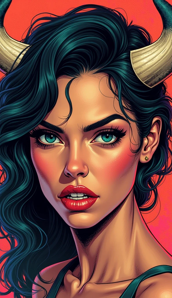 imagine the woman. WITH VIBRANT COLORS. Comic book style Midjourney style. SHE HAS A BULL HORN. FOCUSING ON THE FACE.