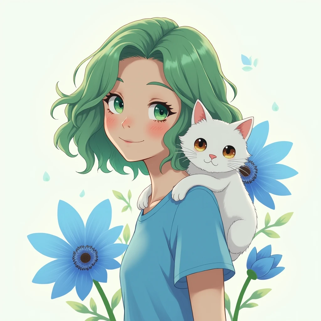 1 girl, blue t-shirt, green wavy medium-length hair, a white cat on her shoulder, 3/4 side view, adorable, Hail33, 18yo(1.0), (subsurface scattering:1.1), minimalistic, clean, modern, vibrant colors, sharp focus, award-winning photograph,professional portrait photography, RAW photography (very detailed background:1.2), (fantasy:0), dramatic lighting, close up portrait, close up photo, close up photograph,close up shot,white background,large blue flowers and large green flowers scattered around