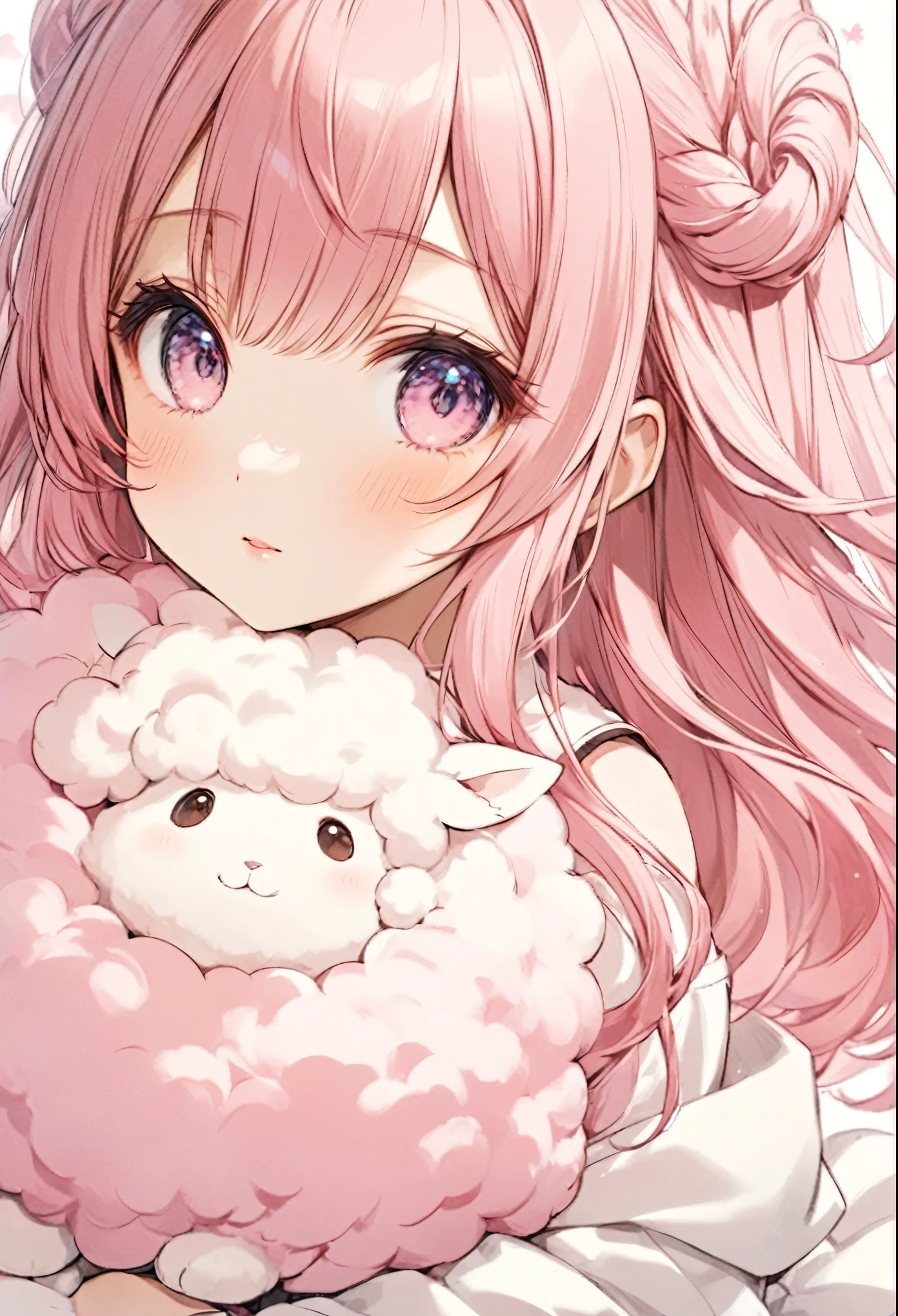  pink haired anime girl holding a plush toy, soft  Anime Illustration , Cute Anime girl portraits, Cute Anime girl,  Cute Girl Anime Visual, Cute Anime girl portrait, Cute Anime,  fluffy pink anime clouds ,  beautiful detailed anime art , extremely Cute Anime girl face, Cute Anime漫画スタイル, shirabii, Cute Anime face,  Anime Illustration , Cute Animeの女の子, Expression of very beautiful eyes , (((UHD, masterpiece, super detail, high details, high quality, award winning, best quality,  highres icon, 8k)))