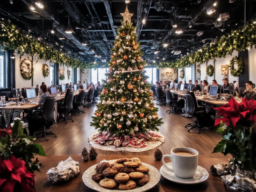 Panorama picture, high wide, large office of an IT company, decorated for Christmas, with a large Christmas tree in the center, decorated with baubles in orange, white and silver, festive decorations such as garlands, wreaths, fairy lights, poinsettias and pine cones are scattered around the room, several workstations with laptops visible, in the foreground a cozy sitting area with comfortable armchairs, on the table is a plate with a selection of Christmas cookies, a simple white cup with steaming coffee, warm and festive atmosphere, very detailed and realistic, 1024x1080 format, 300 DPI