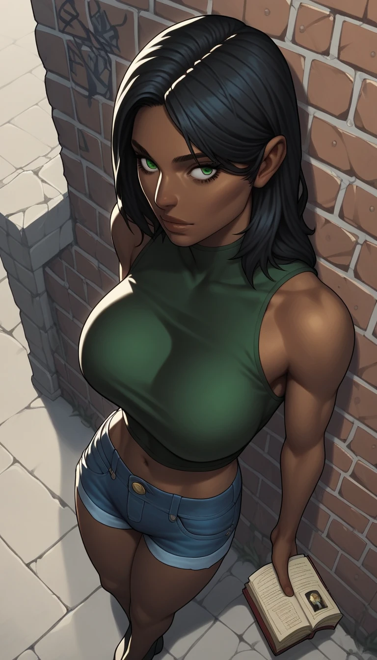 score_9, score_8_above, score_7_above, score_6_above, score_5_above, score_4_above, A cutie, Dark skin,   round face, olive green eyes, long black hair,  Big breasts ,   short tight denim shorts , top white,  posing casually against a graffiti covered brick wall, (Art Line, COMIC BOOK ART STYLE)