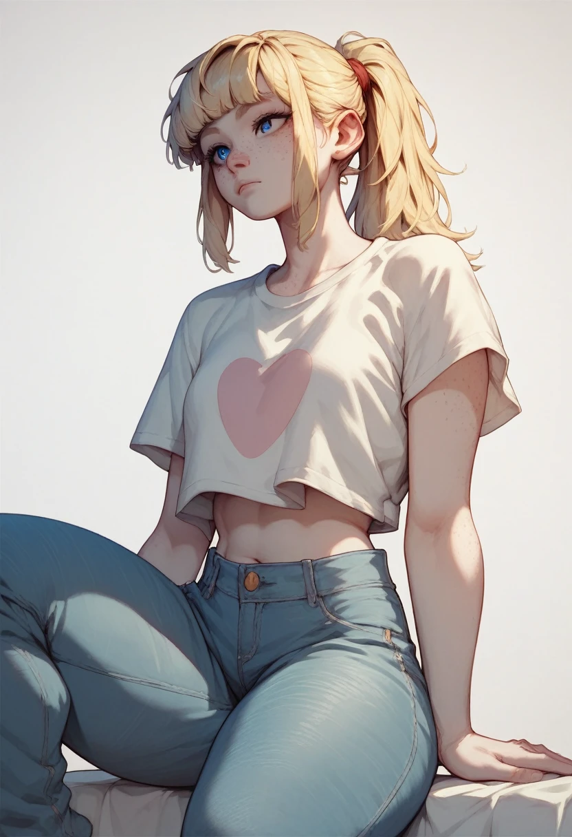 1 , small, blue eyes, freckles, Blonde hair, fringe,  ponytail , pale skin,  thick thighs ,  loose pink crease-free t-shirt, denim pants ,  white background
