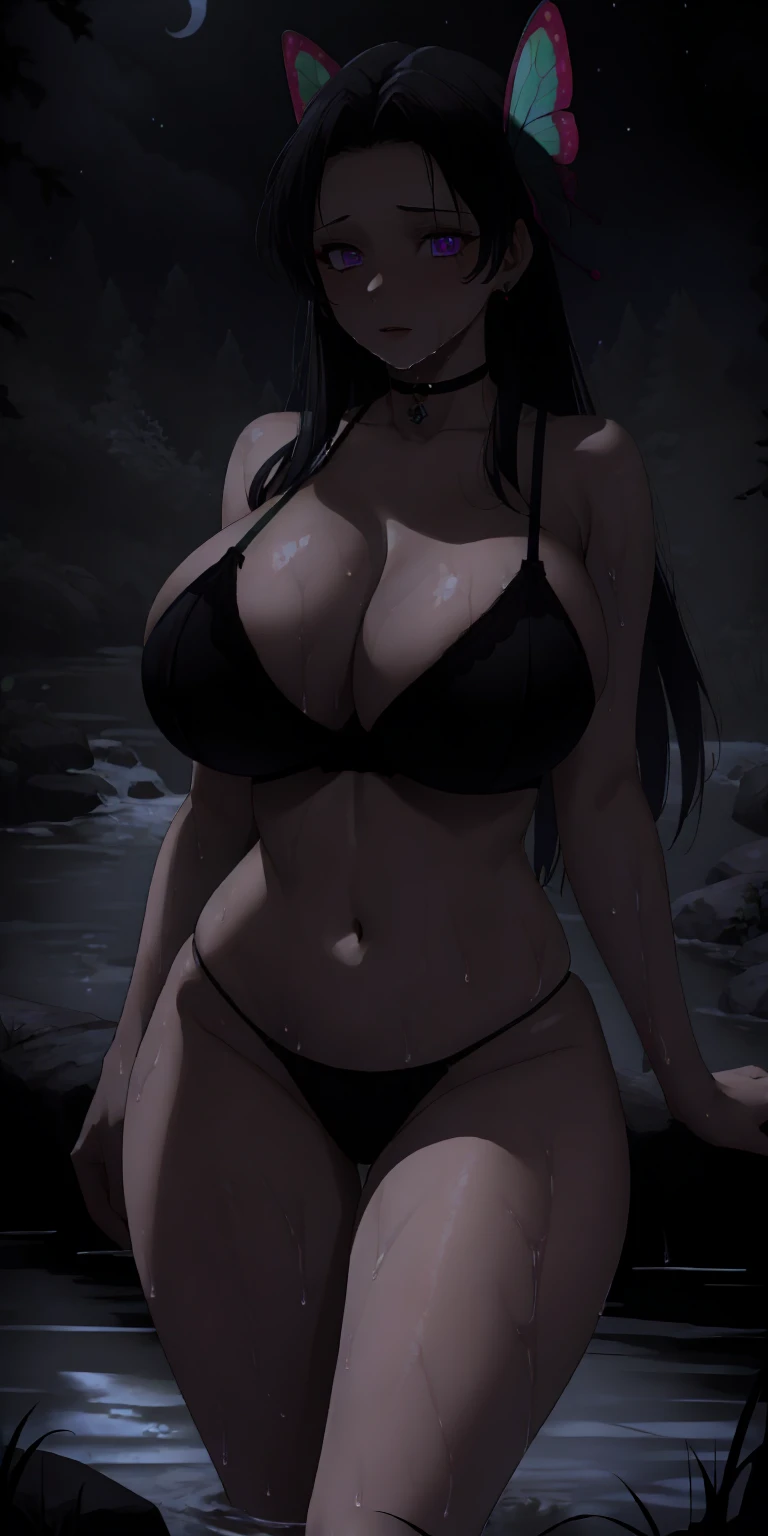 masterpiece, ultra high-quality, extremely detail 8k cg, high resolution, 1girl, mature female in hair, kochou kanae, butterfly hair ornament, parted bangs, hair intakes, black hair, violet eyes, tan skin, cleavage, jewelry, big boobs, gigantic breasts, collarbone, choker, midriff, navel, bra, panties, lingerie, thigh gap, thighs, beautiful face, night time, outdoors, forest, river, raining, wet hair, wet body, wet clothes, (at night, darkness, no light:1.4)