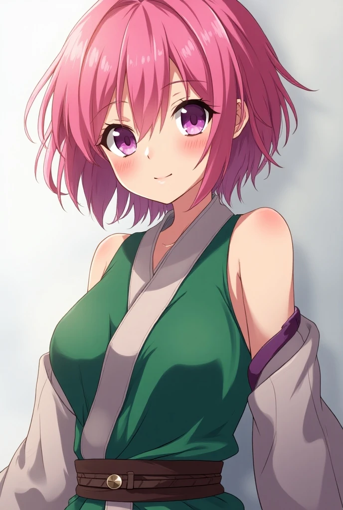 1girl, pink short hair, green eyes, anime girl, sakura haruna, japanese anime character, Kishimoto, Japanese anime style, q