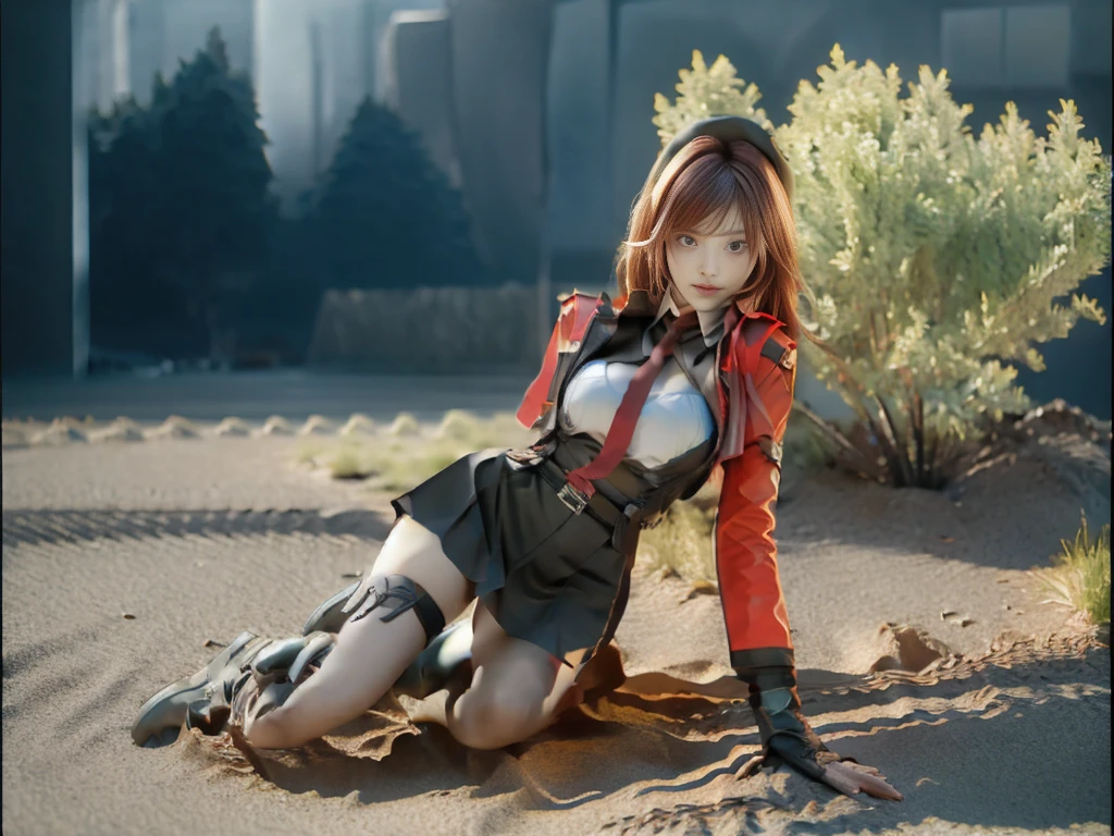 ((Best quality)), ((masterpiece)), (detailed:1.4), 3D, an image of a beautiful cyberpunk female, long burning red hair, burning hair, Red eyes, Black Barret Hat, Red Soldier Shirt, White undercloth, black panty, black skirt, black thick boot, long black kneesock, Grenade belt, Big chest, Big thigh, High thigh black knee sock, full view of girl, battlefield background, black combat boot, red necktie, black glove, black combat suit, black jacket, black cloak, black panty, ammo belt, HDR (High Dynamic Range),Ray Tracing,NVIDIA RTX,Super-Resolution,Unreal 5,Subsurface scattering,PBR Texturing,Post-processing,Anisotropic Filtering,Depth-of-field,Maximum clarity and sharpness,Multi-layered textures,Albedo and Specular maps,Surface shading,Accurate simulation of light-material interaction,Perfect proportions,Octane Render,Two-tone lighting,Wide aperture,Low ISO,White balance,Rule of thirds,8K RAW,