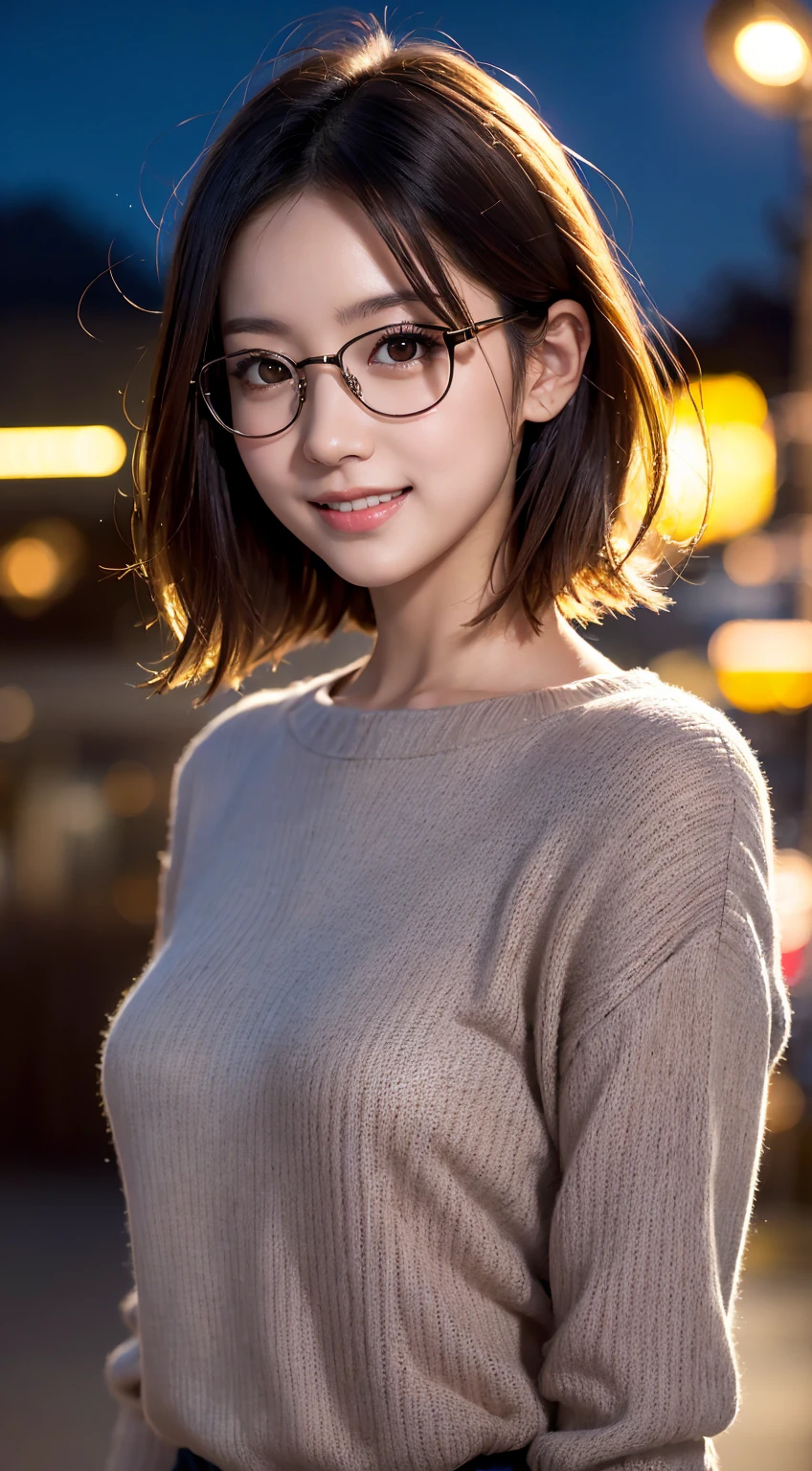  japanese girl in casual clothes、 I feel the audience 、Tokyo cityscape at night、(Best Quality、masterpiece)))、HD Fine、 very detailed、masterpiece、 Movie Lighting、(8k、Best Quality、masterpiece:1.2)、(Realistic、Realistic:1.37)  Hi-Res、 very detailed、 glasses、A look of silence、Round Glasses、, cute, cute顔, Alone, golden shorthair  1.2,  wrinkled skin,  beautiful smile, beautifully detailed night sky, Night view,  Movie Lighting,  written border depth ,  lens flare light 、date、(  blush nose )、、(Shut up) small breasts、  beautiful eyes that pay attention to every detail、(sweater:1.1)、( golden shorthair :1.2)、Floating hair Nova Frog style、