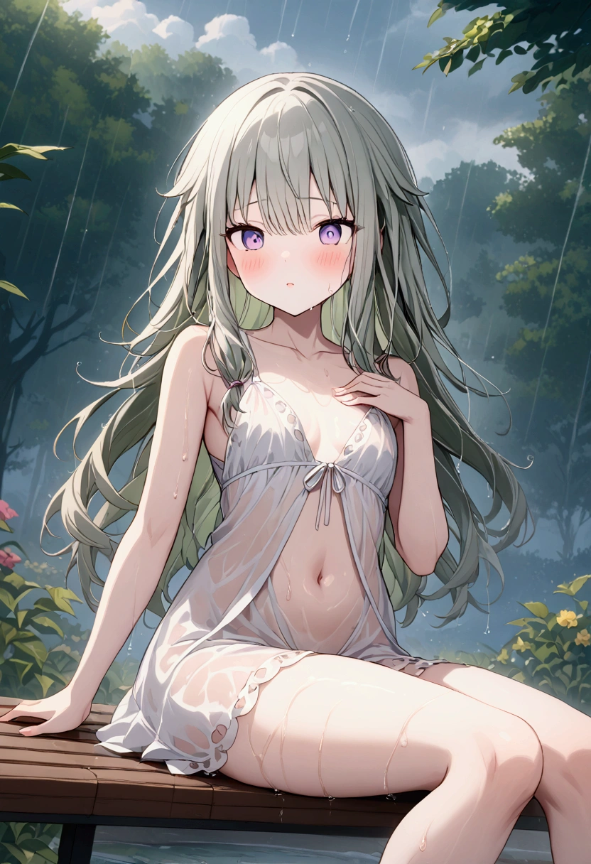 High image quality 、masterpiece、  High Quality 、Full HD、4K 、Kusanagi Nin々、Silver long hair、Tie the ends of the hair with a string 、Purple Eyes、 sleeveless plain white dress、 Simple Dress、 the dress is stuck to the body 、Show me your inner thighs、Show me your side、Show me your collarbone、blush、 makes your cheeks red、Red blush on cheeks、 shy 、My flat chest is transparent、Clothes are stuck to the chest line、Small nipple shape、The stomach line is transparent 、 the thighs and buttocks are transparent 、Large drops of sweat、My body is wet in rain water 、Open your thighs、Do the splits、It&#39;s raining heavily、 sitting on a bench 、Show me your toes、Place your feet on the bench、Rainy Park、Cloudy