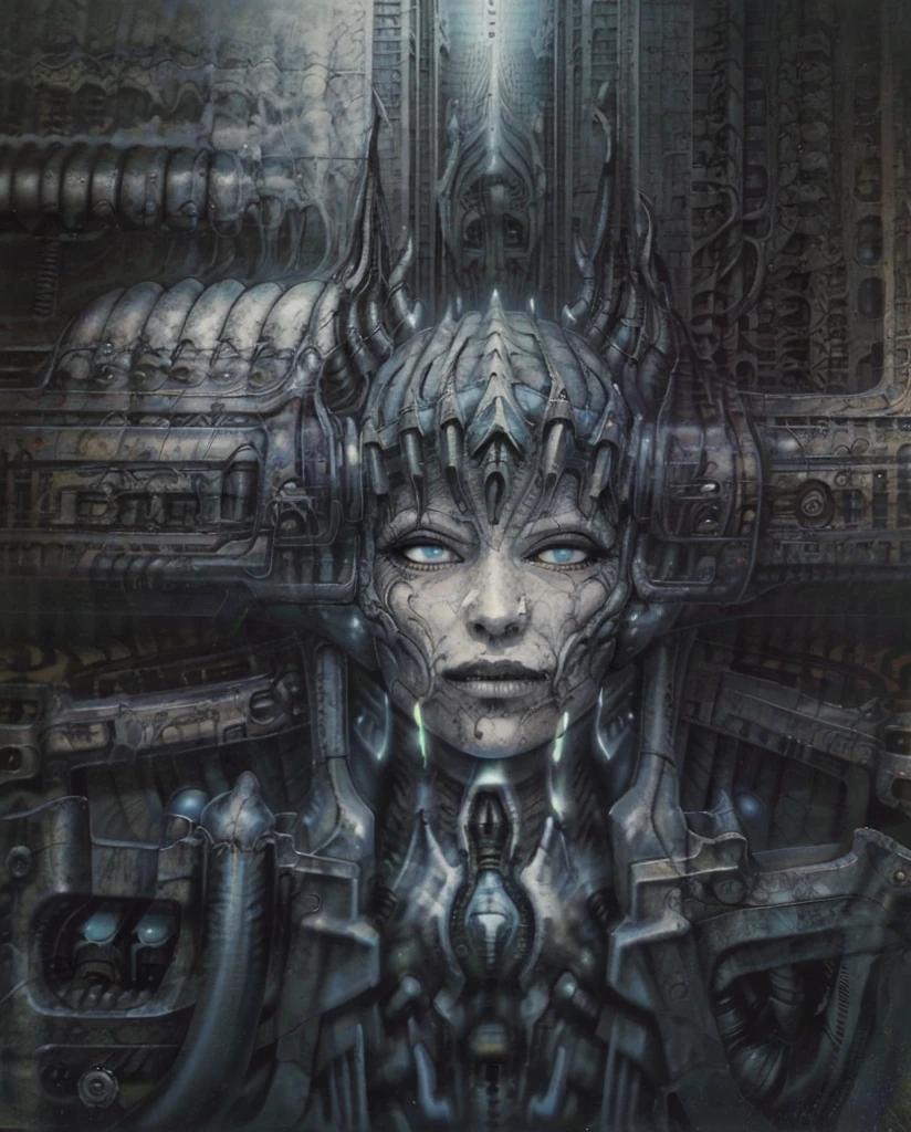 H. R. Giger's g1g3r, , Giger_style, The image is a detailed view of H.R. Giger's \" Alien  \" plate, featuring ( A painting of (biological style scenery), (neoplasticism:liminal void:0.1),a machine inside of a building, dieselpunk biological living, colossal,mechano-organic, infestations over beomesurreal biomechanical landscape, , robotics cross sections, ((perspective)), h r giger's city,giger_style, by (hariton pushwagner:h.r. giger:0.4), detailed innards,(((cleen colors palette,saturated, silver crimson and gold, intoxicatingly blue and understand grey))), (process art:deconstructivism), allegory of sin,infinitely detailed ultrafine and contrast organic textures,big painting,, medium: airbrush, biomech, aerial view yoji shinkawa, award winning on artforum, (( high contrast)), trend on quality of details,colorized: vibrant  colors, incredibly detailed and hyper-detailed, masterpiece, best quality:1.4) The artistic manner would be unmistakably Gigeresque. A dark and unsettling beauty would permeate the piece, blurring the lines between fascination and repulsion , forever haunted by the grotesque allure. Giger's signature artistic manner would be evident in every stroke. The artist has used careful linework to depict the contours and textures in the piece, (Triadic:1.1), (Proportion:1.1),  , (Reflected light:1.2), Parchment, ultra detailed, intricate,, dry b (best quality:1.4), H.R. GIGER,  BY GIGER