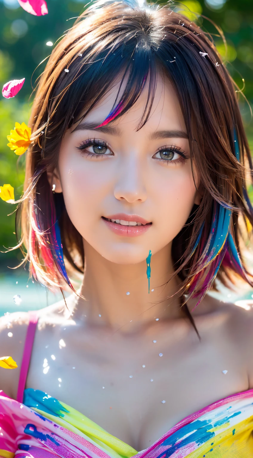 8K RAWフォト、 Hi-Res、, Professional Photos, (Realistic,  photorealistic:1.37), (highly detailedskin:1.2),  hold out your hands to the viewers、 bust up、  Light Blonde Hair、 neckline open cordless ,  off-shoulder 、cute Japanese 18 year old 、Round face、Very thin lips、 Very Big Round Breasts 、 voluminous cleavage 、Beautiful eyes and fine details、 long eyelashes 、 beautiful double eyelids、 Short Bang 、 earrings for a woman alone、  necklace  、（ Pink Fashion T Shirt  ：1.9），( colorful な髪: 1.8), ( colorful な水しぶきに囲まれたレインボー : 1.8),(((((vertical painting：1.6))), （painting：1.6），Front, comics, Illustrations, paintings, Big Eyes, Crystal Clear Eyes ,（ レインボー color gradation ハイポニーテール：1.7）,  Classy Makeup ,  closed mouth,( small fresh : 1.5),(Wipe your chest: 1.6) ， long eyelashes , ホワイト off-shoulder  Tシャツ ,  white shoulder shirt ， watching the audience, (レインボー colorの髪：1.6),  color splash, （Alone：1.8）,  color splash, An explosion of colors, thick paint style, Messy rows, ((Shine))，( colorful ), ( colorful ), ( colorful ),  colorful , Thick paint Style, ( splash) (Color  splash), Vertical painting,  upper body, paint  splash, Acrylic Pigments,  gradation , paint,  High Quality , Best Quality, masterpiece, Alone,  depth of field, Face paint,  colorful  clothes, ( elegant : 1.2), nice,Long Hair, wind, ( elegant : 1.3), ( petals: 1.4)，(((masterpiece))),(((Best Quality))),((Super detailed)),(Illustration),( Dynamic Angle),((floating)),(paint),((Bedhead)),(Alone),( 1 girl) , ((Beautifully detailed face)), color, bare shoulders, (( colorful  hair)),(( striped hair)), beautiful detailed eyes ,( gradation  color eyes),((( colorful  eyes))),((( colorful  background))),(((High saturation))),(((surrounded by  colorful  splashes))),