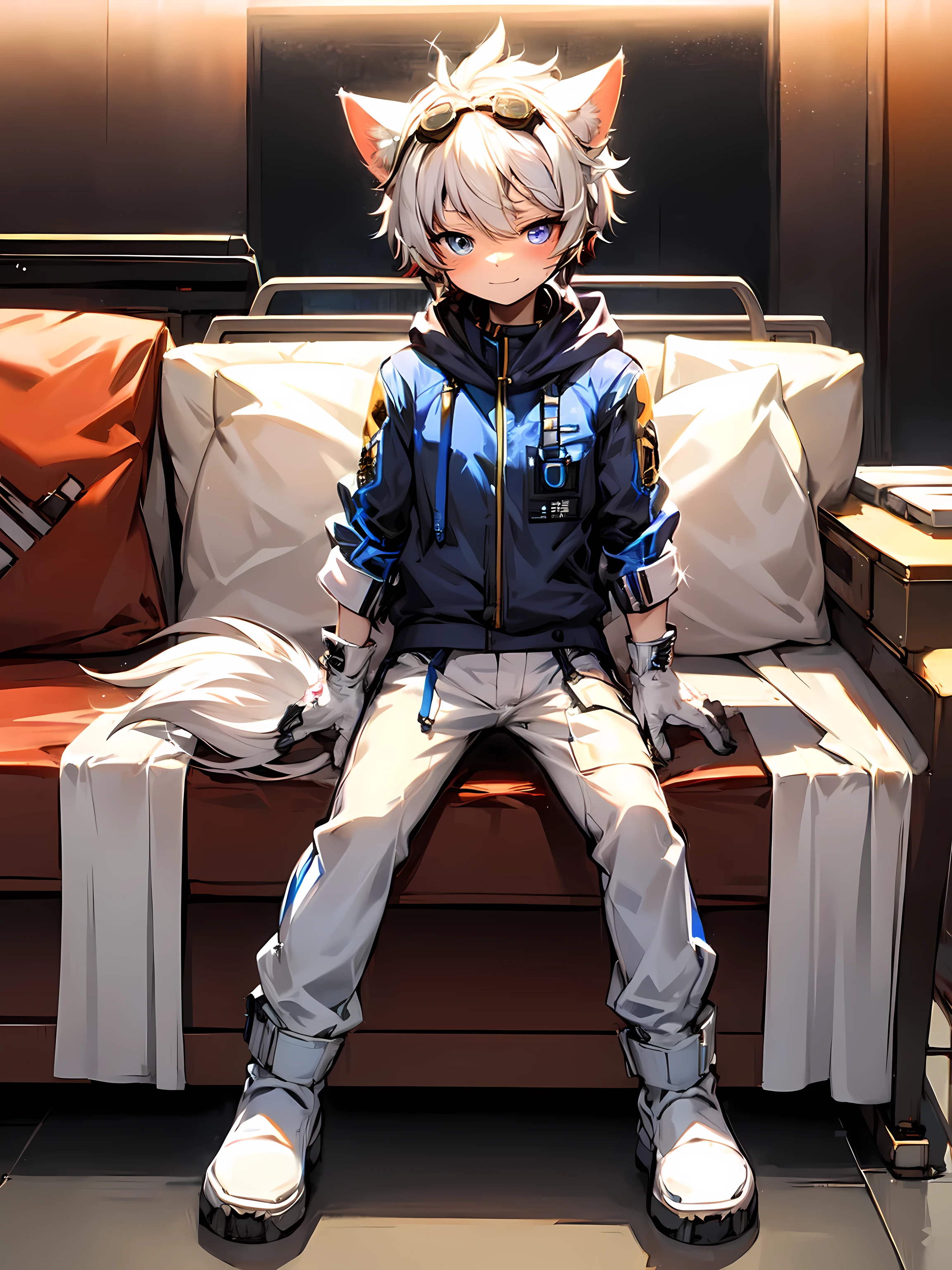 Game CG，8K quality，((young boy))，1 boy，Youthful feeling，Anime male protagonist，wolf ears，12 years old，Pain and despair，Locomotive goggles，Pure white skin，White and blue racing（tight）One-piece Pants，The crotch is bigger，White fingerless gloves，White racing boots，full body portrait，Defeated，gave in，damaged clothes，car damage，sit on the floor，is powerless，There are scars on the face，Car crashed，The scene of the car accident，and there is blood on the corners of your mouth，Fear，sad