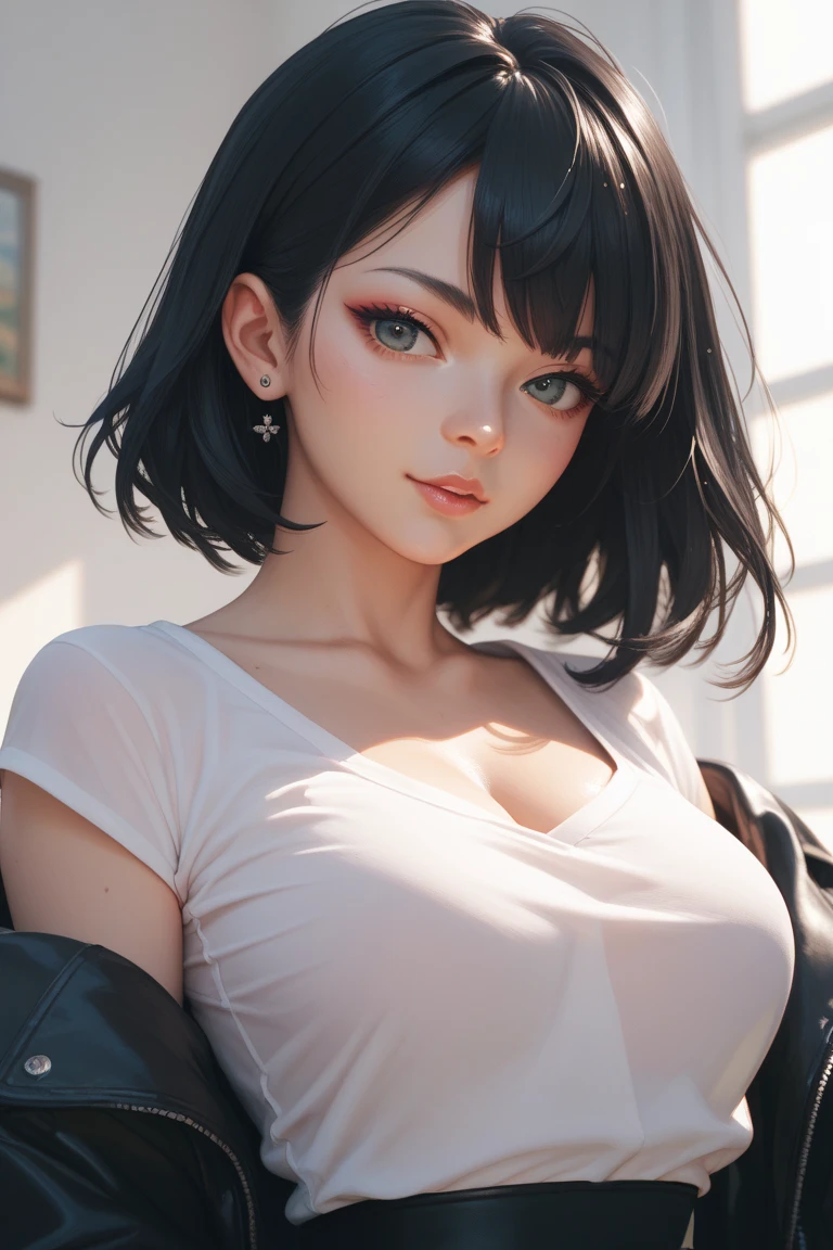 1girl,((35 year old mature woman)),(((black top with shorts))),((((1 girl))),(blue eyes)),(Very Intense Makeup)), smiling, ((red lipstick)),((woman in makeup)), short hair, black hair,((big breasts,)),((cleavage,))),extremely realistic female eye,(((solamente))),cuerpo perfecto,manos perfectas,cara perfecta,