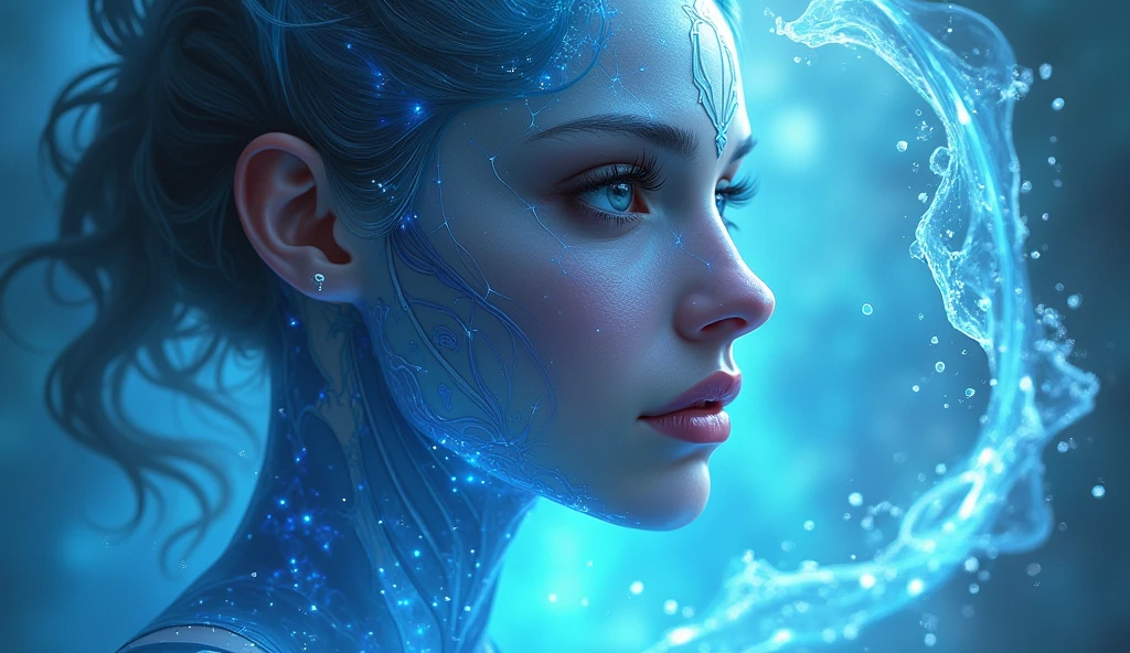 (((the ice human body, front facing, full body, 1girl, 18 year old, caucasian, green eyes, perfect eyes, perfect iris, perfect pupils, perfect lips,perfect nose, perfect hands, very detailed hands, perfect fingers, black hair, short hair, straight hair, small braid in her hair, nature, subsurface scattering, transparent, translucent skin, glow, bloom, Bioluminescent liquid,3d style, warm color, vibrant, volumetric light, ice and water waves all around,)))