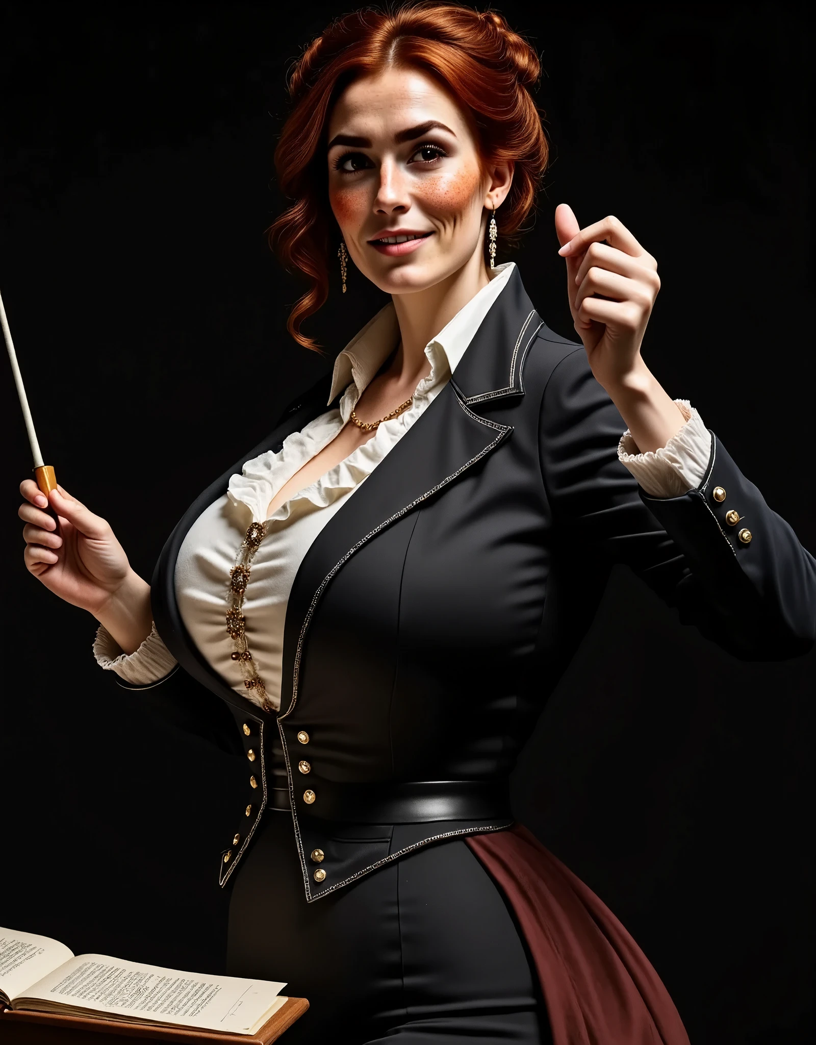 Photorealistic picture from the side, featuring a woman conducting a philharmonic orchestra. (dynamic pose:1.5) Black background. She is standing on a pedestal with a conductor's baton in hand. Note stand, sheet music. She is wearing a 1700s century outfit, black tailcoat with silver decorations, white silk embroidered vest. White ruffle collar shirt. She is a beautiful british woman, with brown eyes, downturned eye shape. Slight smile. She has high cheekbones and dark eyebrows. Long chestnut brown hair, gathered up into an elegant hairdo. light skin and freckles. perfect hand. massively huge breasts.