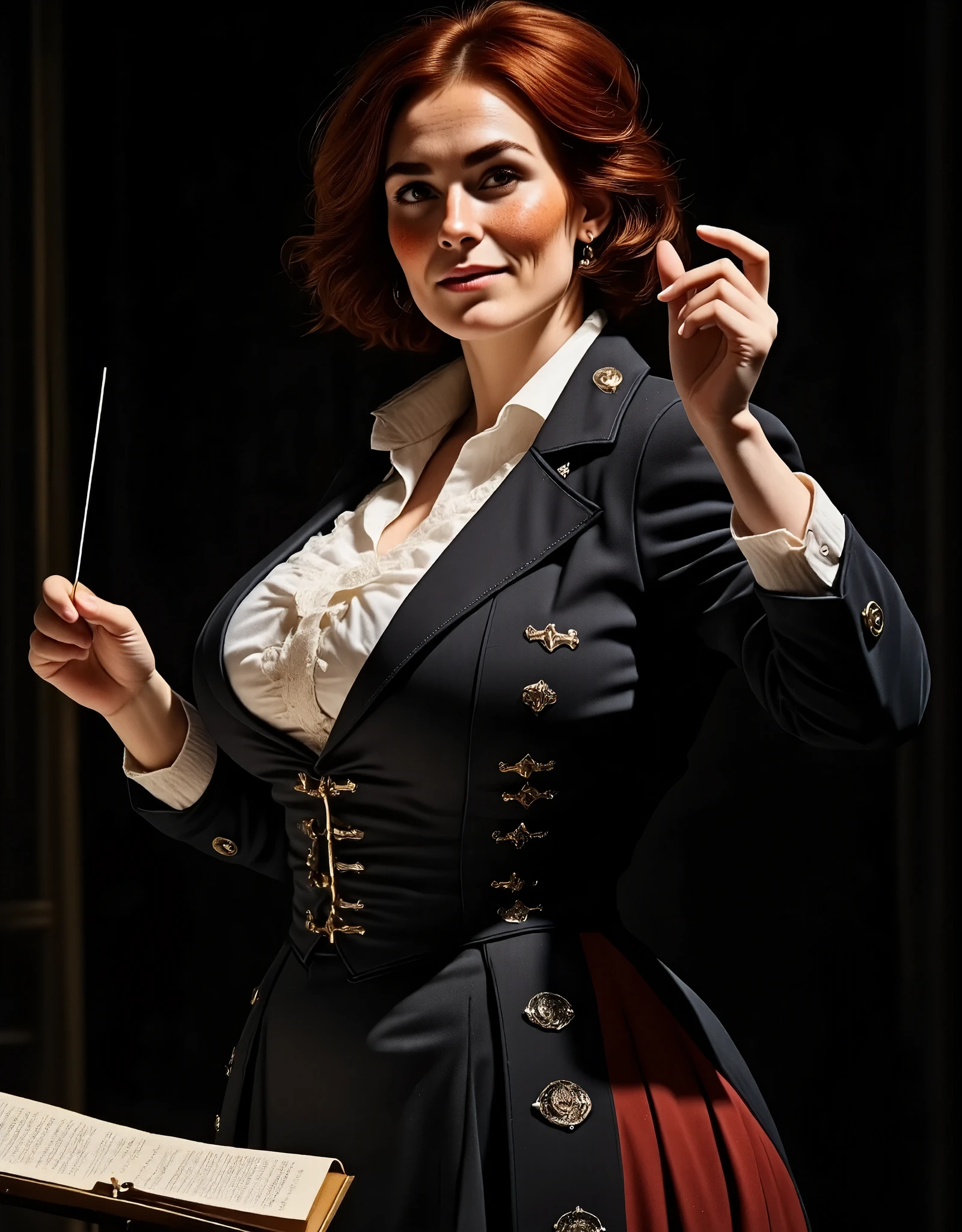 Photorealistic picture from the side, featuring a woman conducting a philharmonic orchestra. (dynamic pose:1.5) Black background. She is standing on a pedestal with a conductor's baton in hand. Note stand, sheet music. She is wearing a 1700s century outfit, black tailcoat with silver decorations, white silk embroidered vest. White ruffle collar shirt. She is a beautiful british woman, with brown eyes, downturned eye shape. Slight smile. She has high cheekbones and dark eyebrows. Long chestnut brown hair, gathered up into an elegant hairdo. light skin and freckles. perfect hand. massively huge breasts.