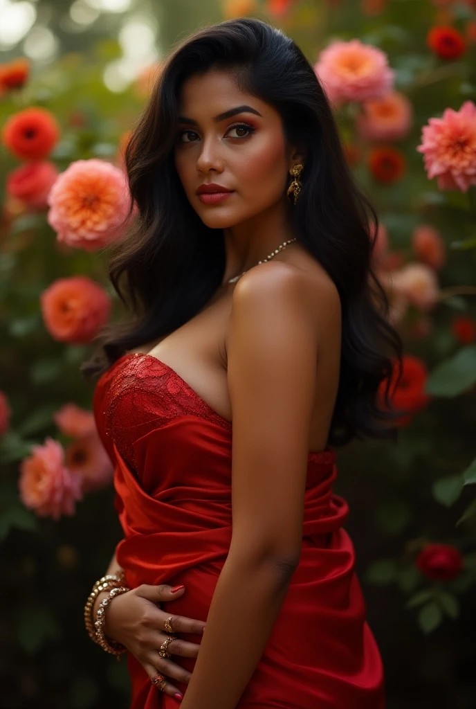 Beautiful ,23 years young girl,confident looking,8k,realistic,dark brown hair,fair skin, indian,long hair,clear facial features, showing cleavage, wearing frok, nose ring, beautiful red color and flowers 🌷🌹and hairs on face make it seductive effect, full body picture, red rose lips