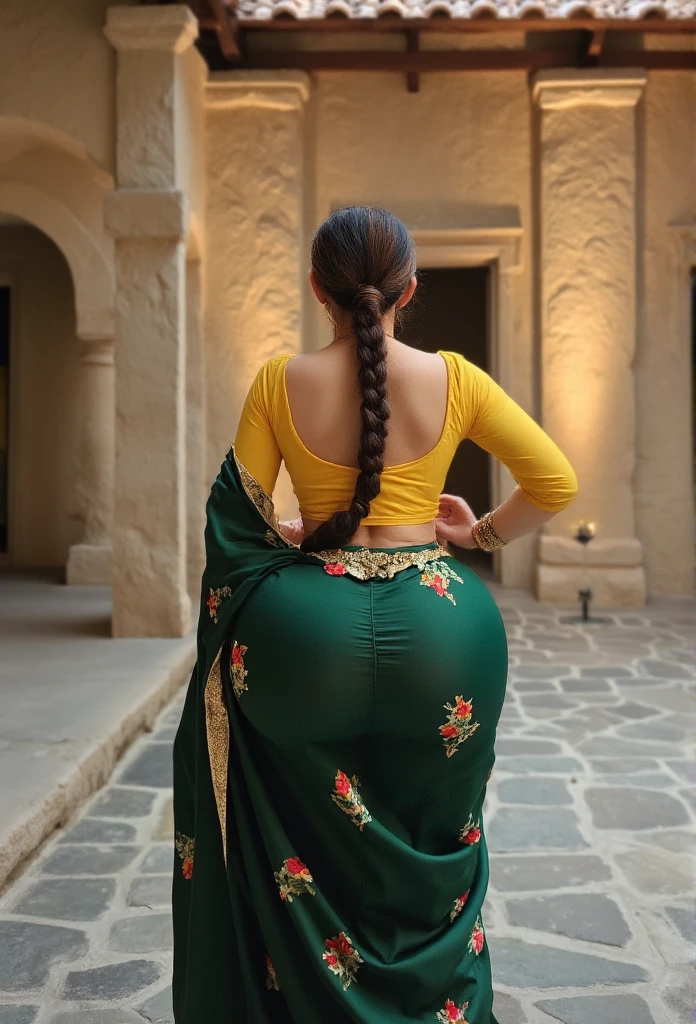 The scene captures the essence of traditional beauty as a Pakistani Muslim woman stands in a rustic, outdoor courtyard, her back turned towards the viewer. She wears a deep green lavani saree, adorned with intricate floral patterns and a delicate gold trim that highlights her fair skin and voluptuous figure. Her figure is complemented by the modestly fitted yellow blouse with a soft neckline, bringing a warm contrast to the saree. The saree flows smoothly around her hips, draping elegantly without clinging tightly, exuding a sense of graceful refinement.Her long, slender braid, dark brown and reaching down to her knees, rests naturally between her shoulders and falls gently along the curve of her lower back, threading between her buttocks and adding to the elegance of her silhouette. Adorned with traditional jewelry—a delicate nose ring, shimmering bangles on each wrist, and a finely crafted necklace—her attire reflects a touch of cultural opulence, catching the light with a subtle, warm glow. In this quiet, graceful moment, her hips begin a soft, rhythmic movement, causing the fabric of her saree to sway and flow with a refined fluidity. The gentle motion of her figure, almost like a soft clap, brings a natural elegance to her stance, embodying cultural beauty and rhythm. The rural courtyard setting, with its stone floor and wooden pillars, frames her in an atmosphere of timeless tradition, where warm lighting enhances the festive greens, yellows, and reds in her attire. The ambient hues and her poised, rhythmic movements lend the scene a sense of subtle festivity, blending beauty, culture, and elegance in a captivating, serene atmosphere.
