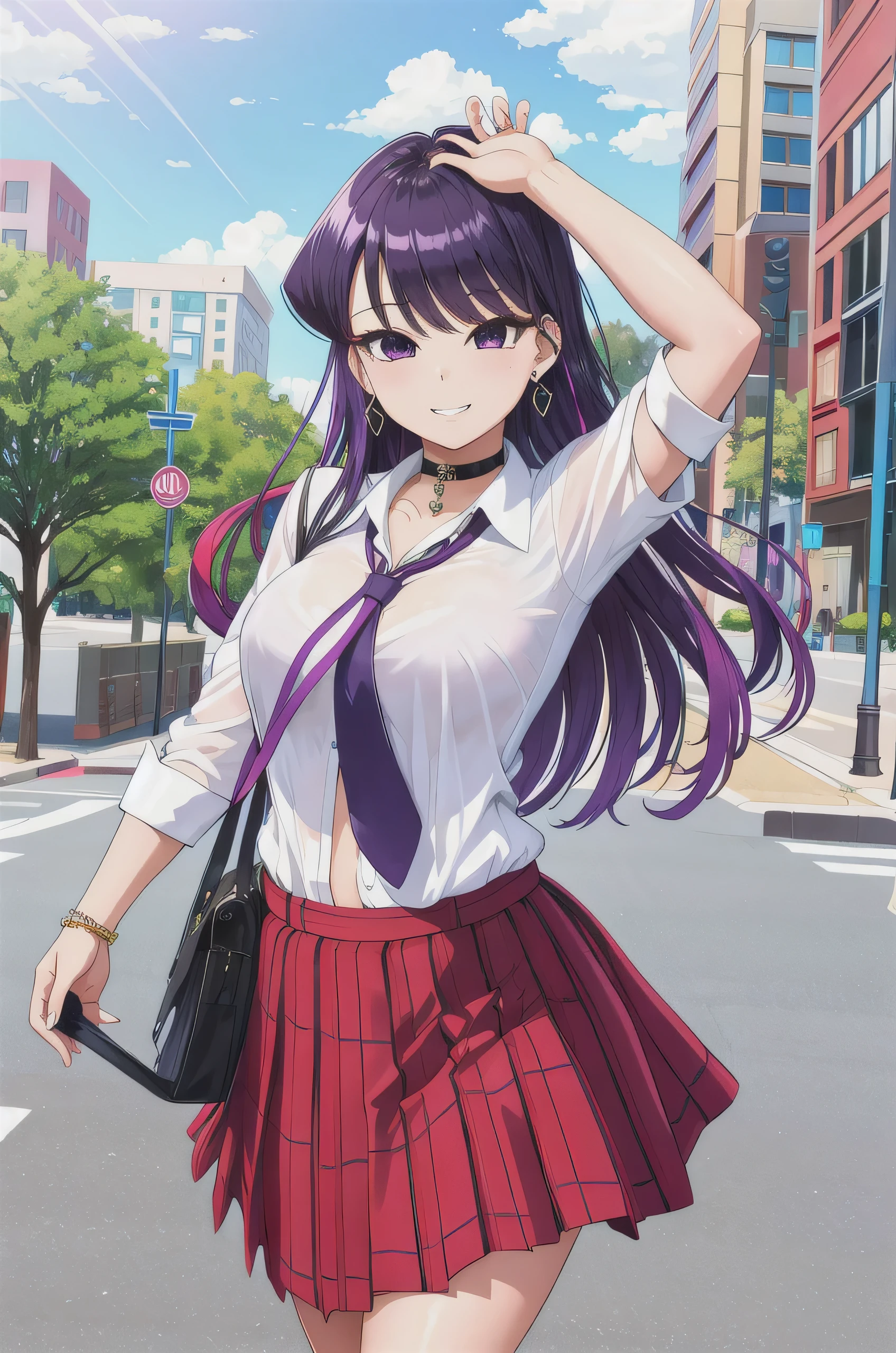 masterpiece, best quality, highres, Komi Shouko, 1girl, purple hair, long hair, multicolored hair, purple eyes, jewelry, earrings, piercing, school uniform, white shirt, tied shirt, black choker, blue necktie, plaid skirt, grin, smile, standing, cowboy shot, outdoors, 