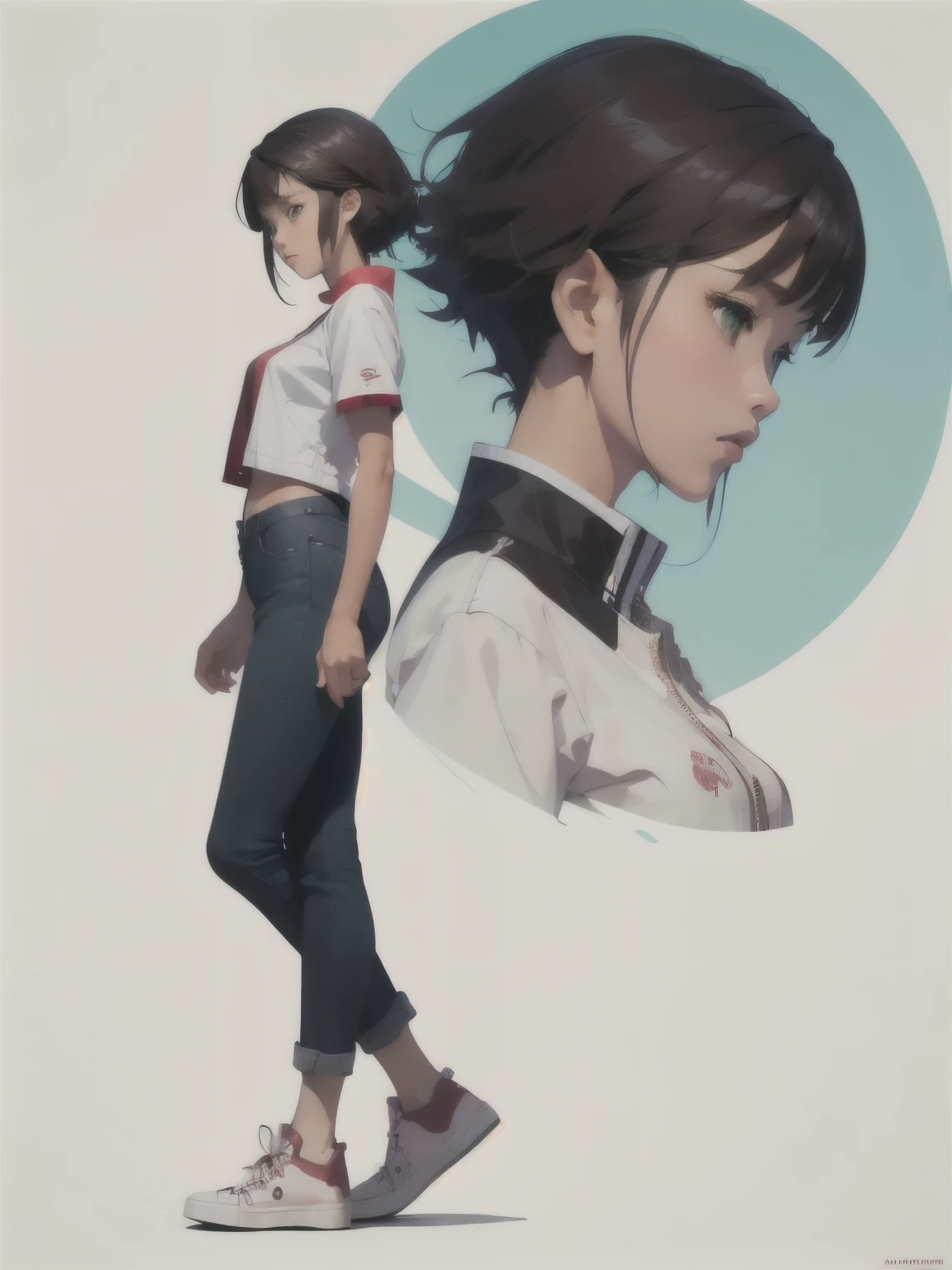 kurisu makise steins gate anime, atmospheric, elegant portrait, super highly detailed, professional digital painting, artstation, concept art, 8k, art by wlop, artgerm and alphonse mucha and eiichiro oda shinkai makoto vibrant Studio ghibli kyoto animation hideaki anno Sakimichan Stanley Artgerm Lau Rossdraws James Jean Marc Simonetti, 1 standing girl seen in profile, short black_hair, no background, green_eyes, blushing, lips, front view,, red leather jacket, jeans, converse sneakers,, button_gap, buttons, t-shirt, coll print on shirt, side view, looking to the side, profile shot, full body, (full body)