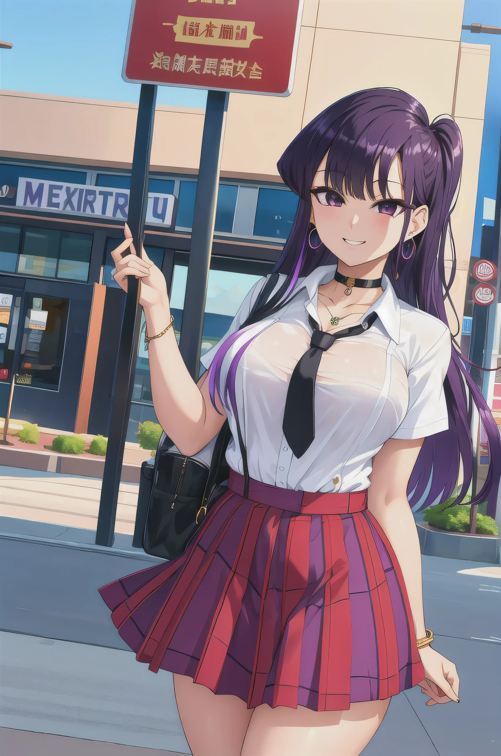 masterpiece, best quality, highres, Komi Shouko, 1girl, large breasts, purple hair, long hair, multicolored hair, purple eyes, jewelry, earrings, piercing, school uniform, white shirt, tied shirt, black choker, blue necktie, plaid skirt, grin, smile, standing, cowboy shot, outdoors,