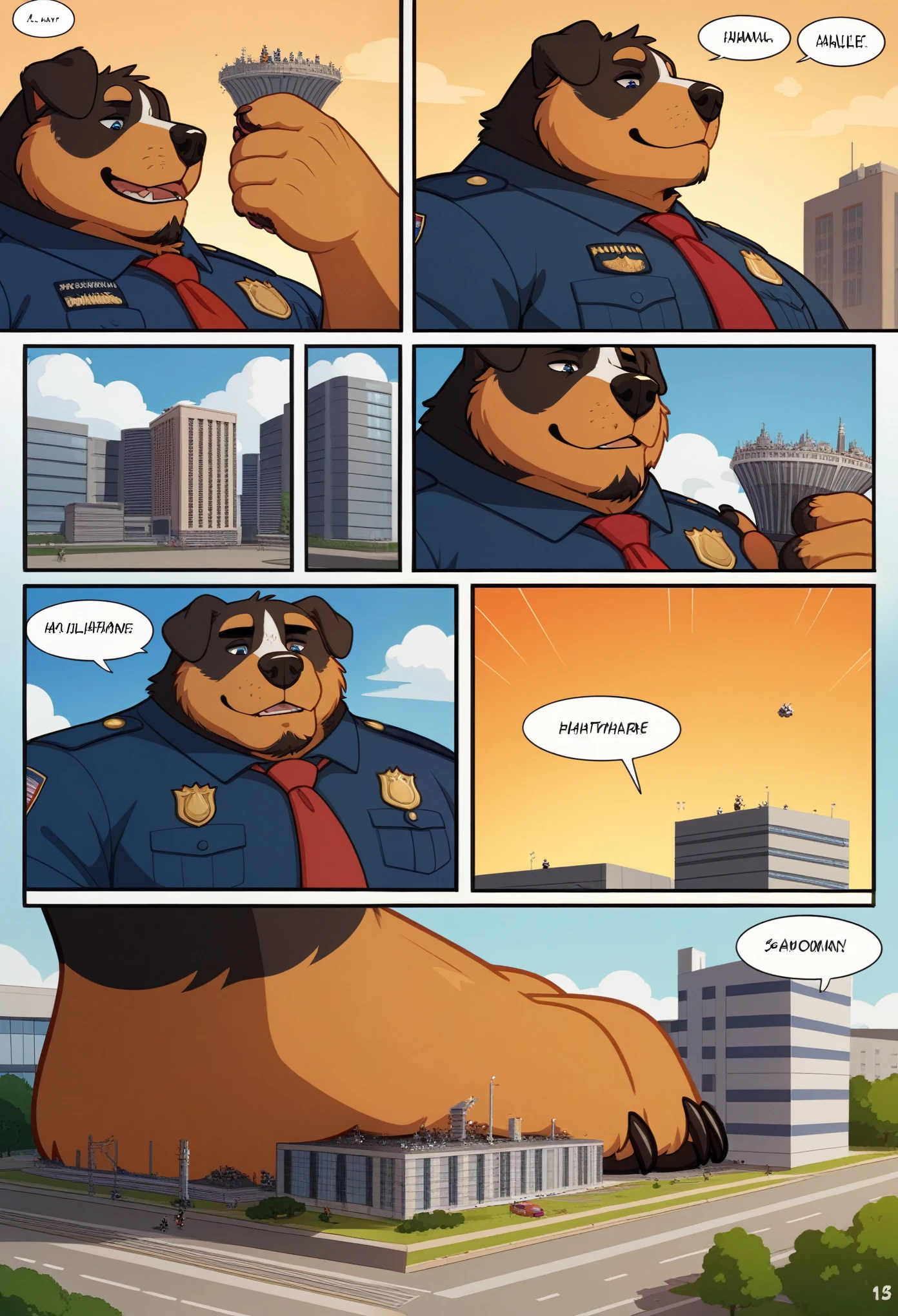 gekritzeltes Bernese Mountain Dog Gesicht, Furry (Bernese Mountain Dog),pummelig,( black eyebrows :1.1),(perfect eyes),golden fur,(artist:takemoto arashi),(collar:1.3),paw,( Black beard :1.3),(police uniform:1.3) Bernese Mountain Dog ,(Massiv:3.0, ( heavyweight ,stark,Macro, Emphasize )), background (( Building , increase small speech ,the little sparks, the crack in the street )), low perspective shot , comic, comic strip, Comedy comic