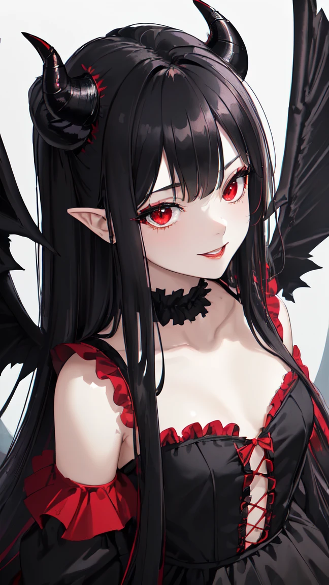 [monochrome:muted color:0.6] theme, (masterpiece), (best quality), (detailed), light layer, lustrous skin, (intricate detailed , taut clothes, , demon wings,hair ornament :1.2), from above, black hair, black choker, long hair, hime cut, blunt bangs, sidelocks, red eyes, holding quarterstaff,holding scythe,holding sword, (mature female:1.1), [uncensored, NSFW,, (lactation), side-ponytails BREAK (simple background:1.1),