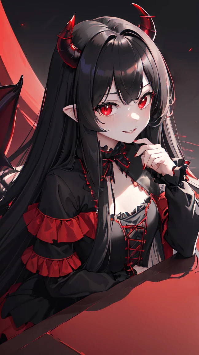 ((True best masterpiece, Ultimately perfect quality, Extremely delicate details)), ((Vampire, Evil, Nightmare, Insanity, Crazy, Horror)), A vampire girl, With black hair, With glowing red eyes, With flat bust, Sitting on the throne, Queen, Lord, Noble, Loyalty